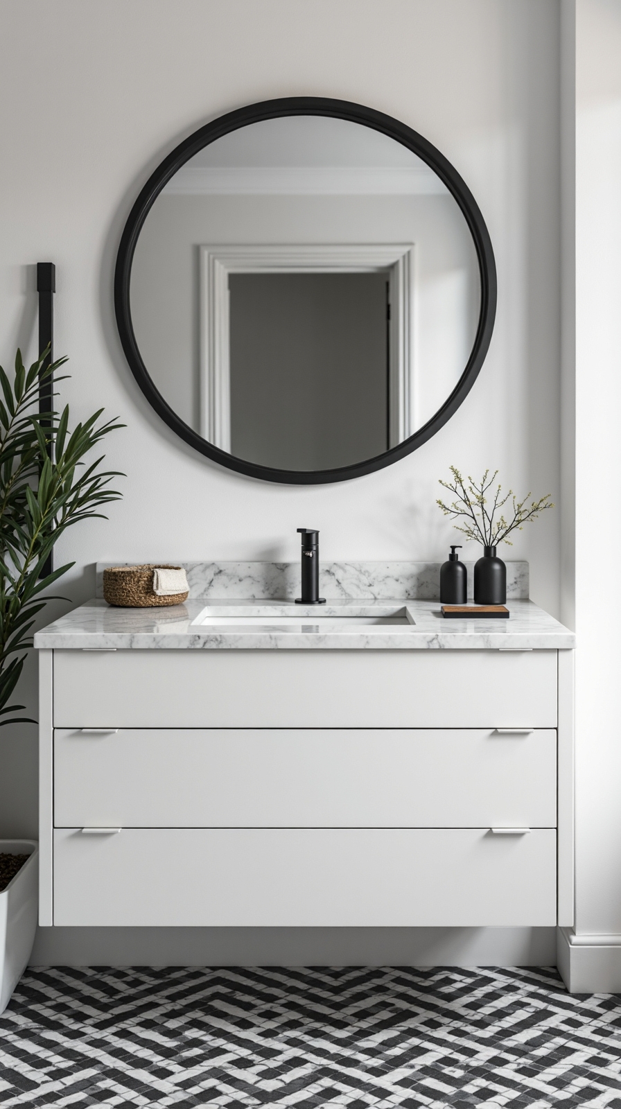 striking bathroom mirror with black accents