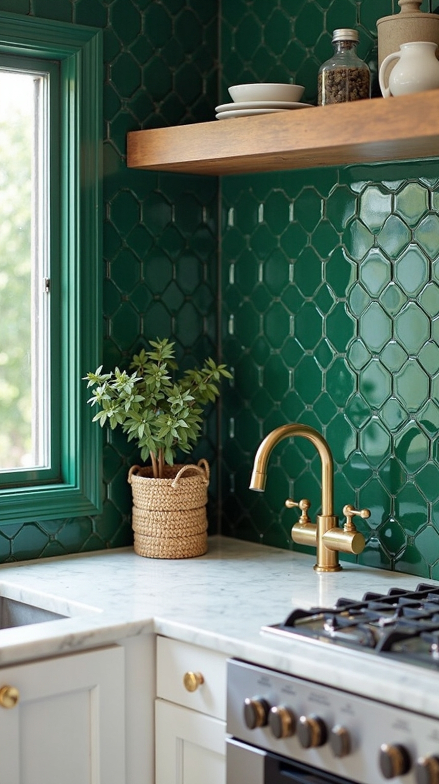 striking geometric hexagon kitchen tiles