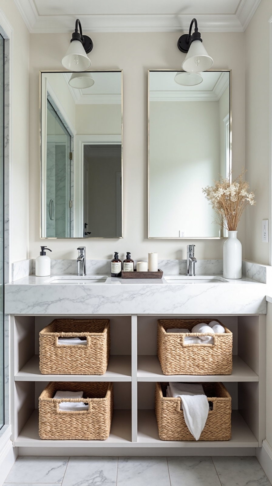 stylish organized designated bathroom storage