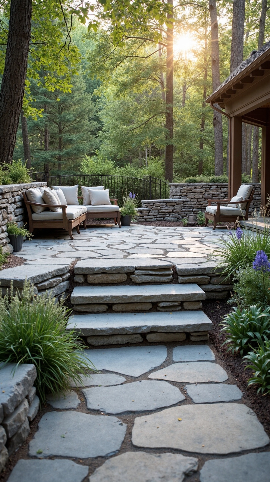 terraced flagstone with stone retaining walls