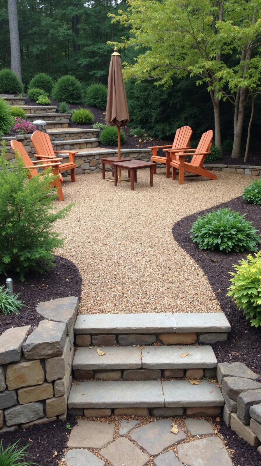 terraced gravel patio with retaining walls