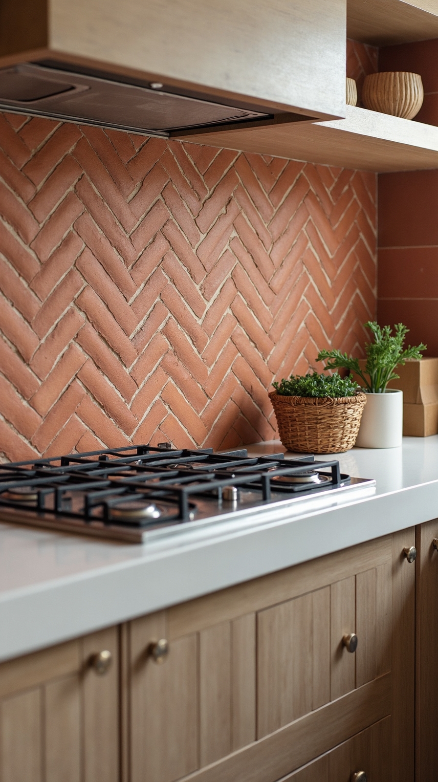 terracotta herringbone backsplash visual movement