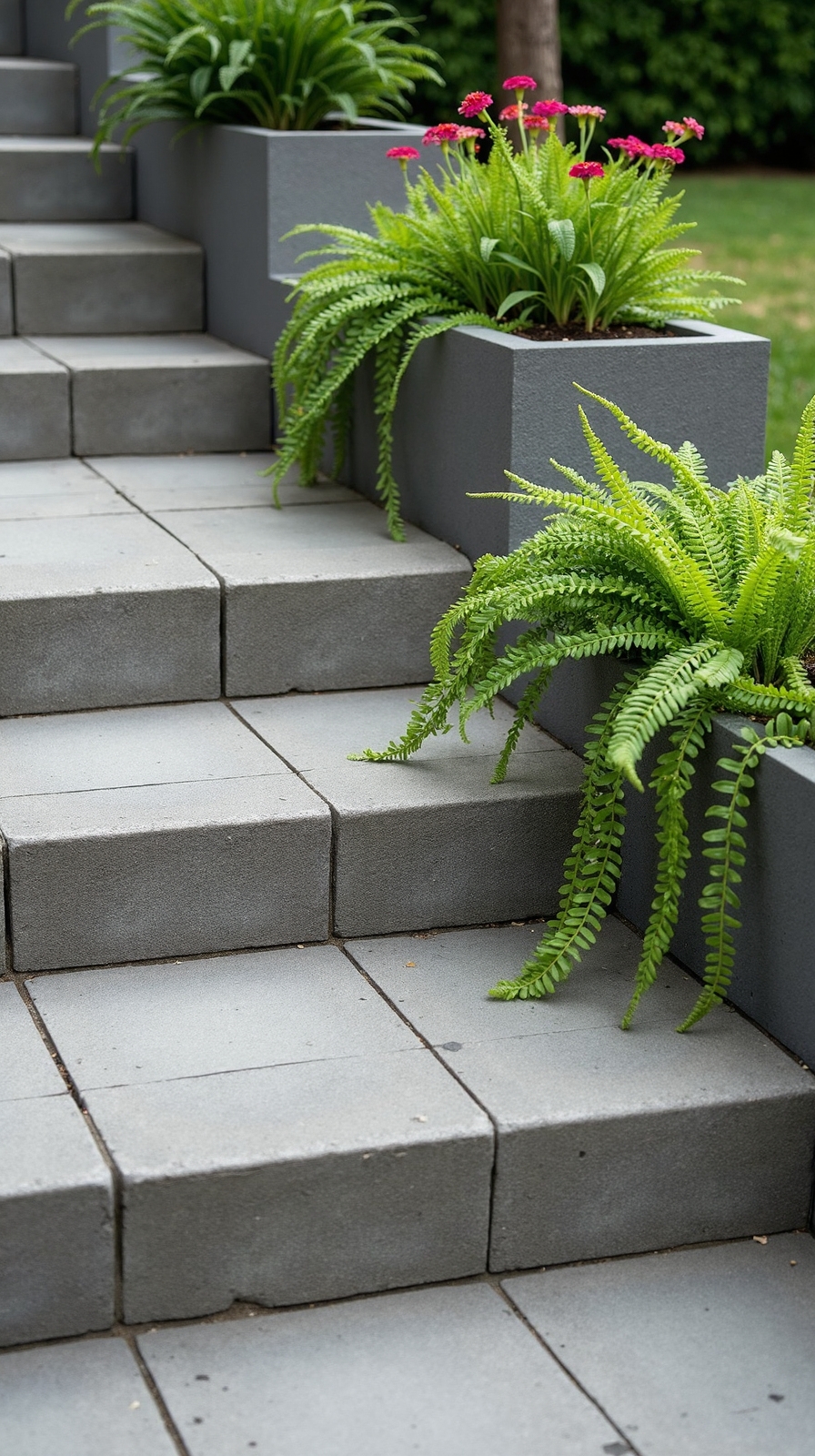 textured concrete steps with integrated planters