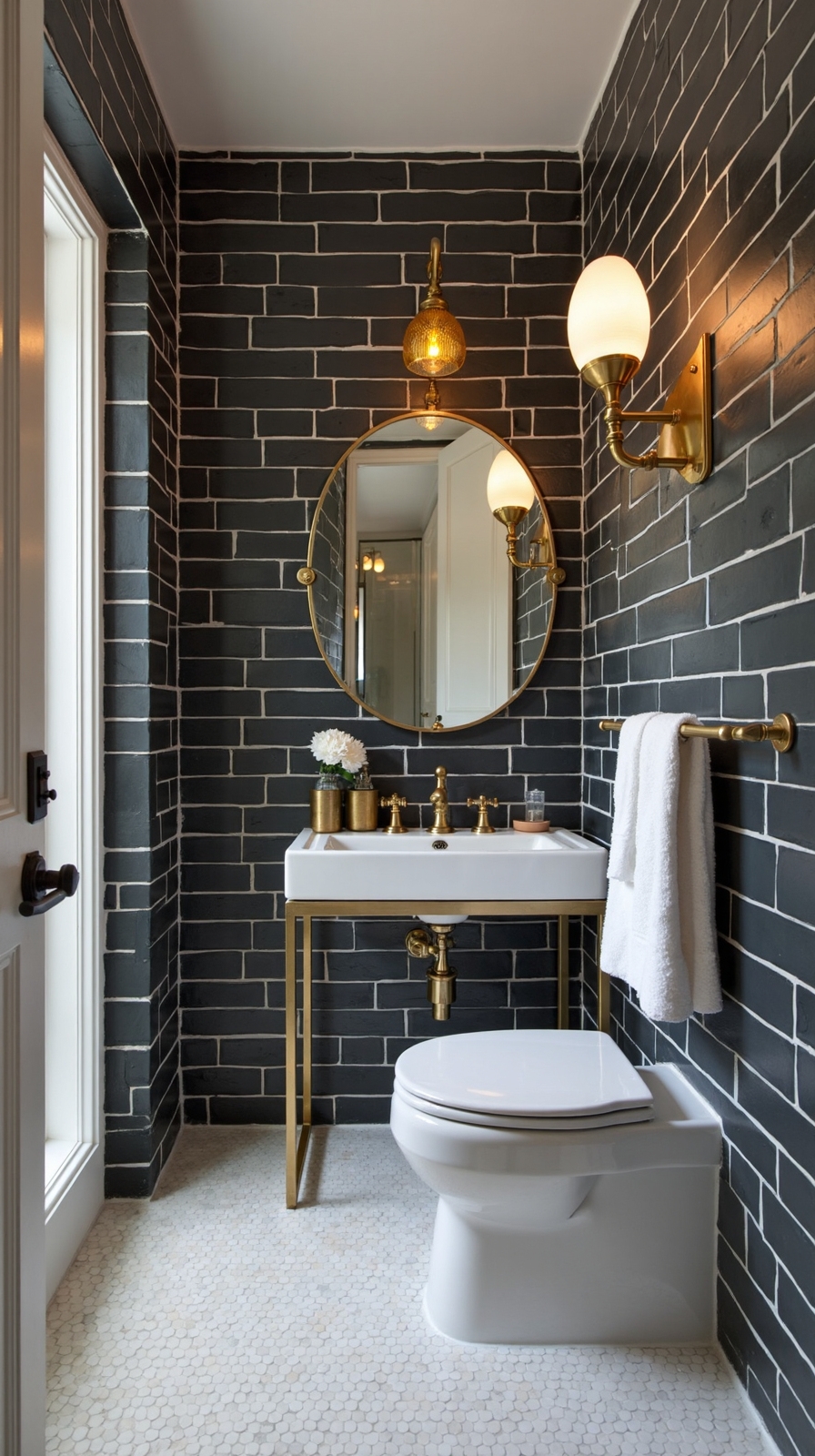 timeless charcoal and brass bathroom