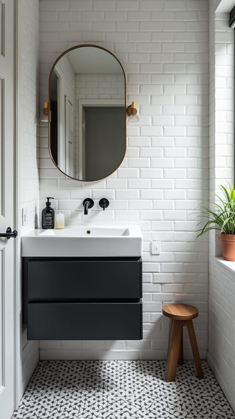 timeless stylish compact monochromatic bathroom