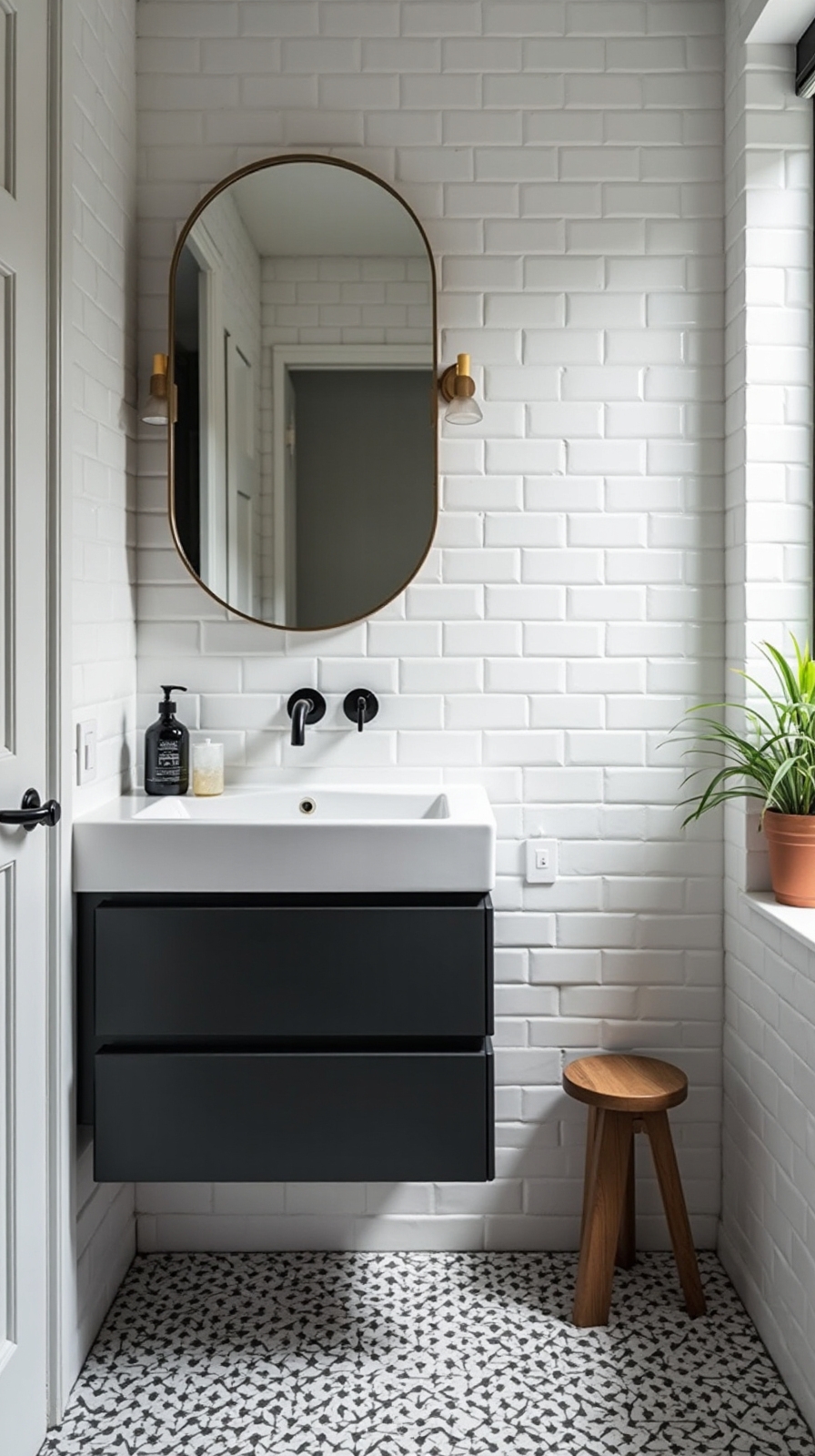 timeless stylish compact monochromatic bathroom