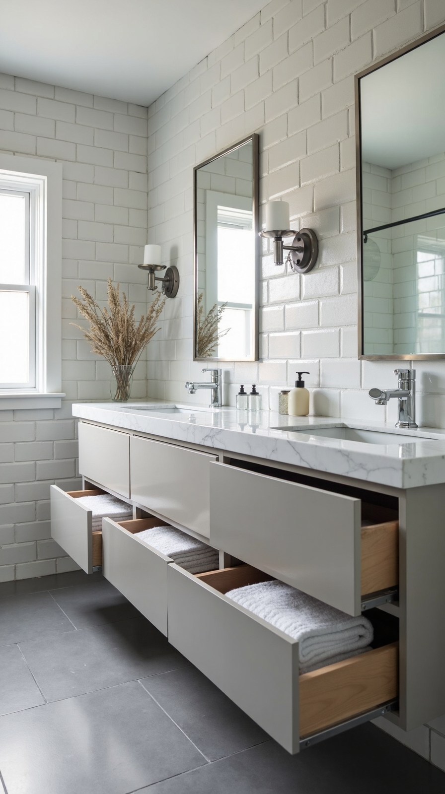 uncluttered spacious bathroom vanity storage