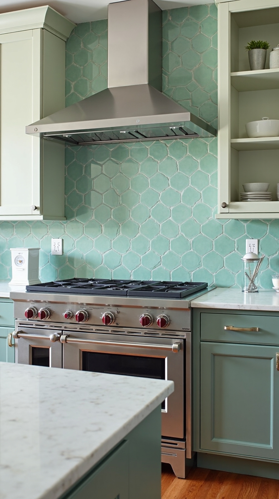 understated sage green hexagon tiles