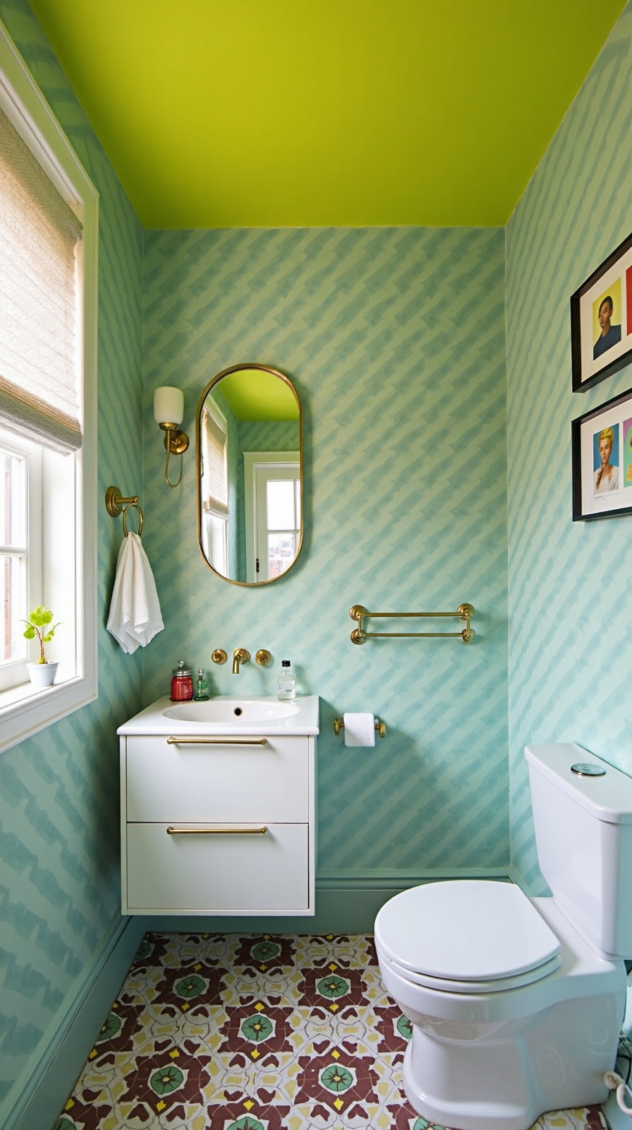 unexpected bright statement bathroom ceiling