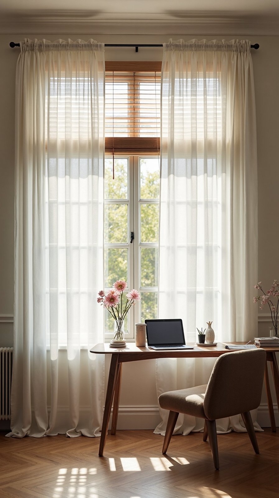 versatile workspace with layered window treatments