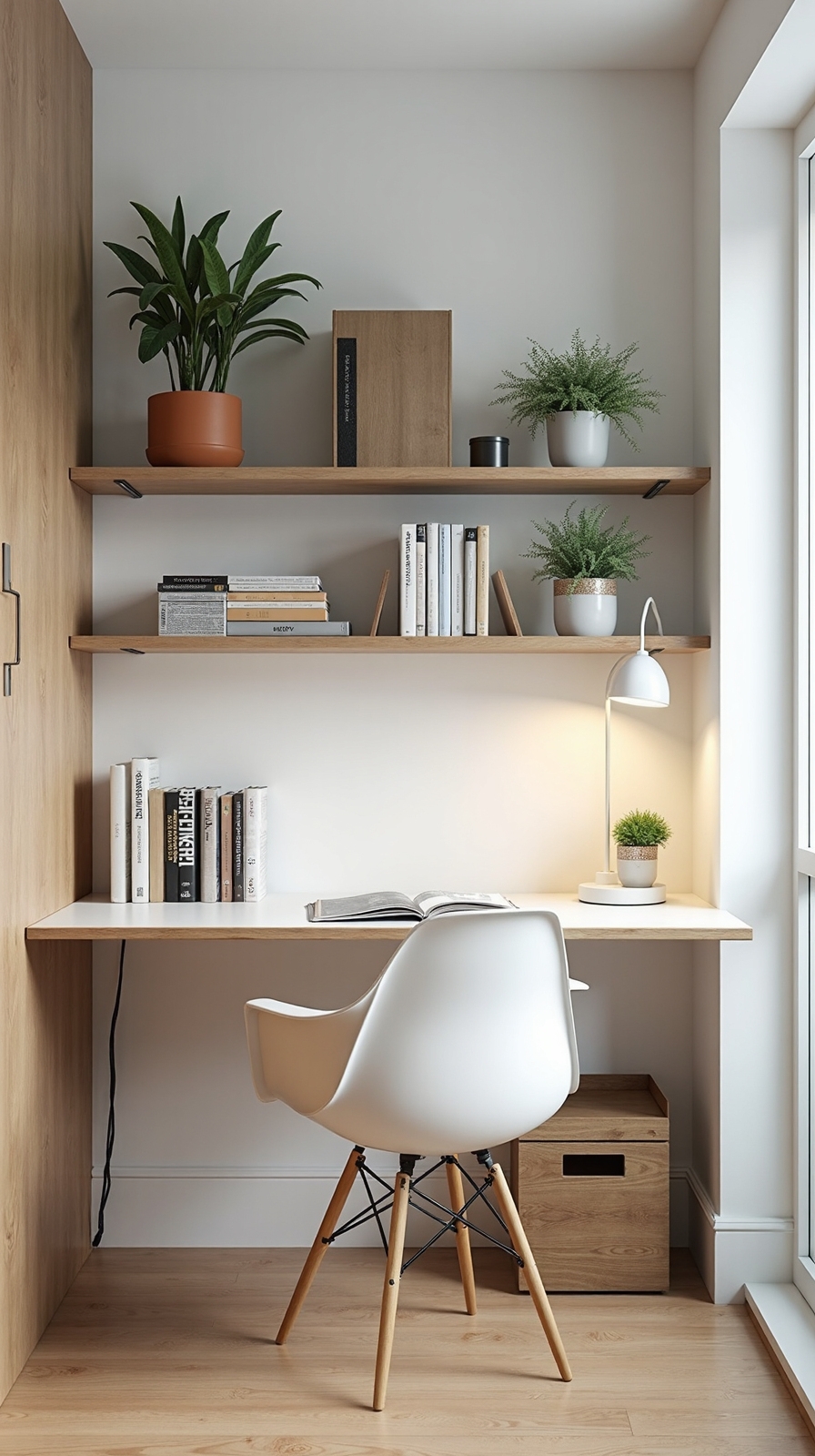 vertical storage above desk optimizes space