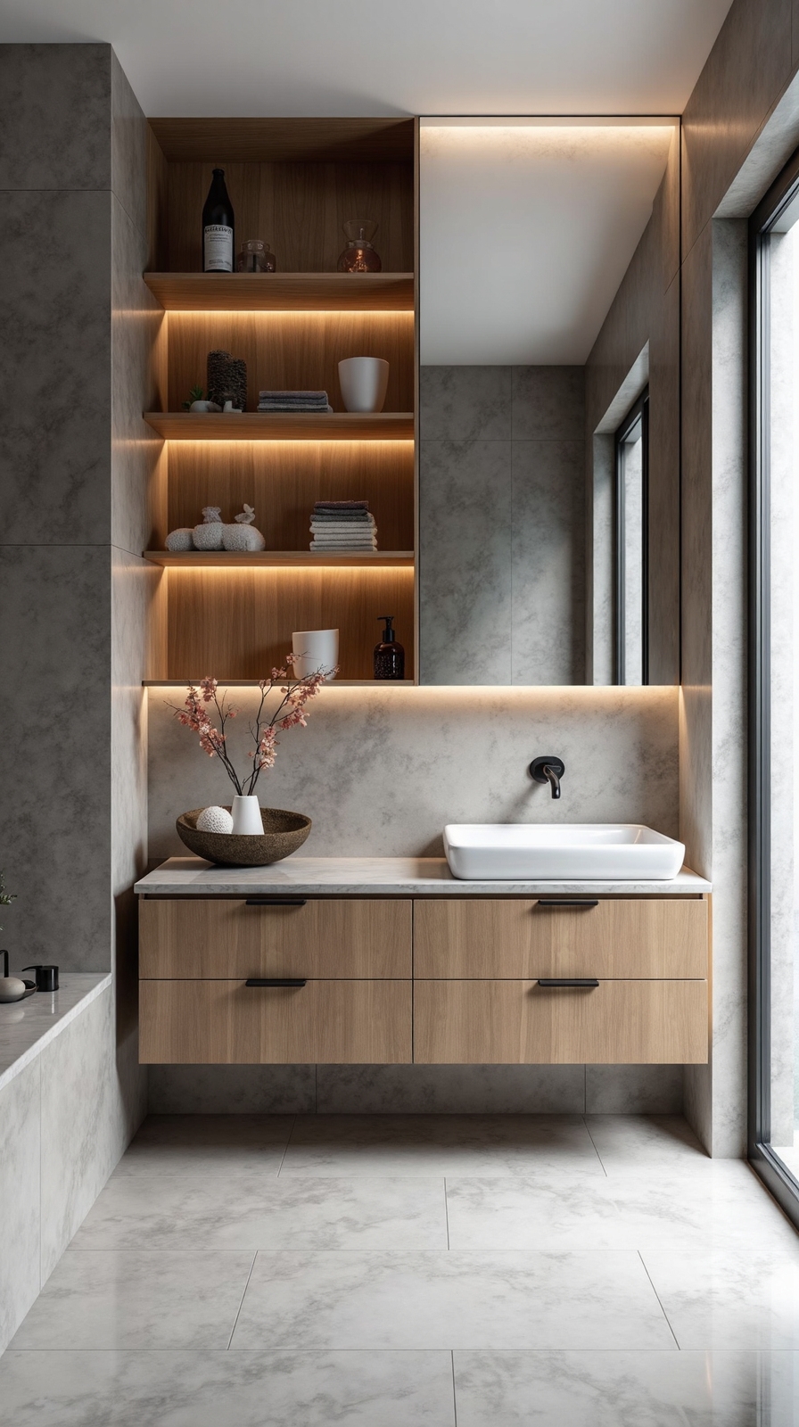 vertical storage maximizes bathroom organization