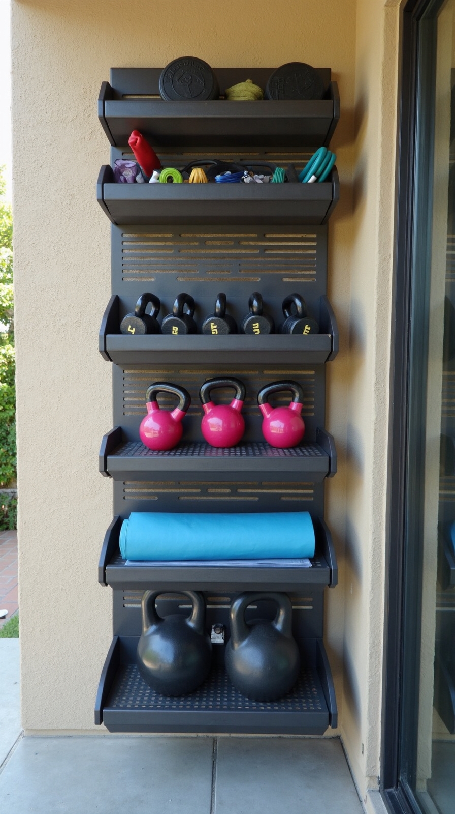 vertical storage maximizes patio gym organization