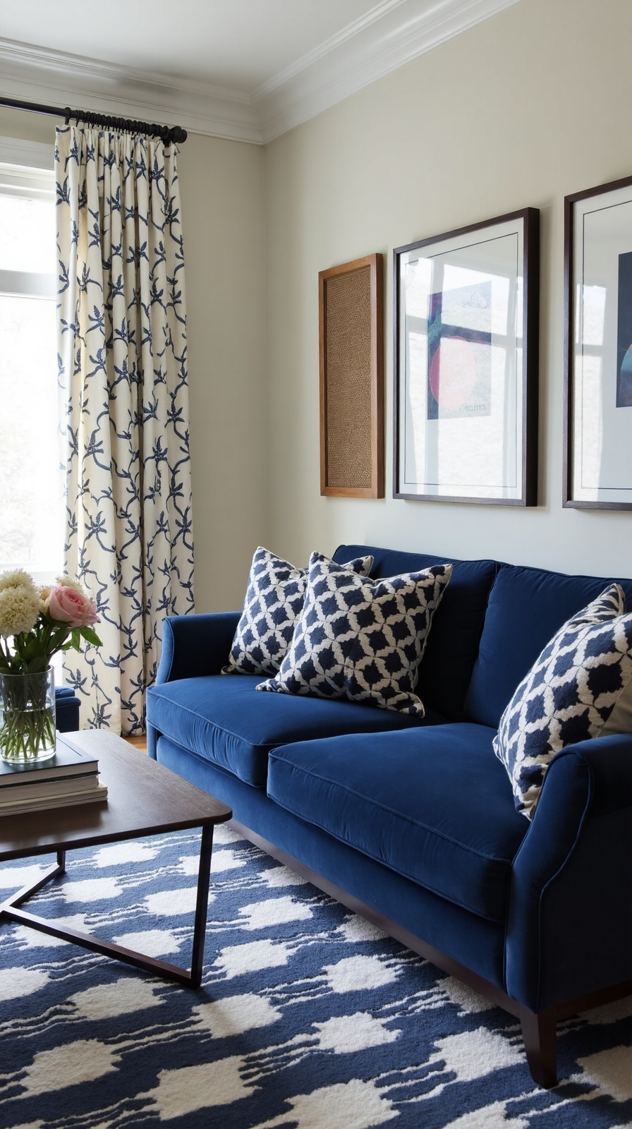 vibrant navy couch pattern mixing