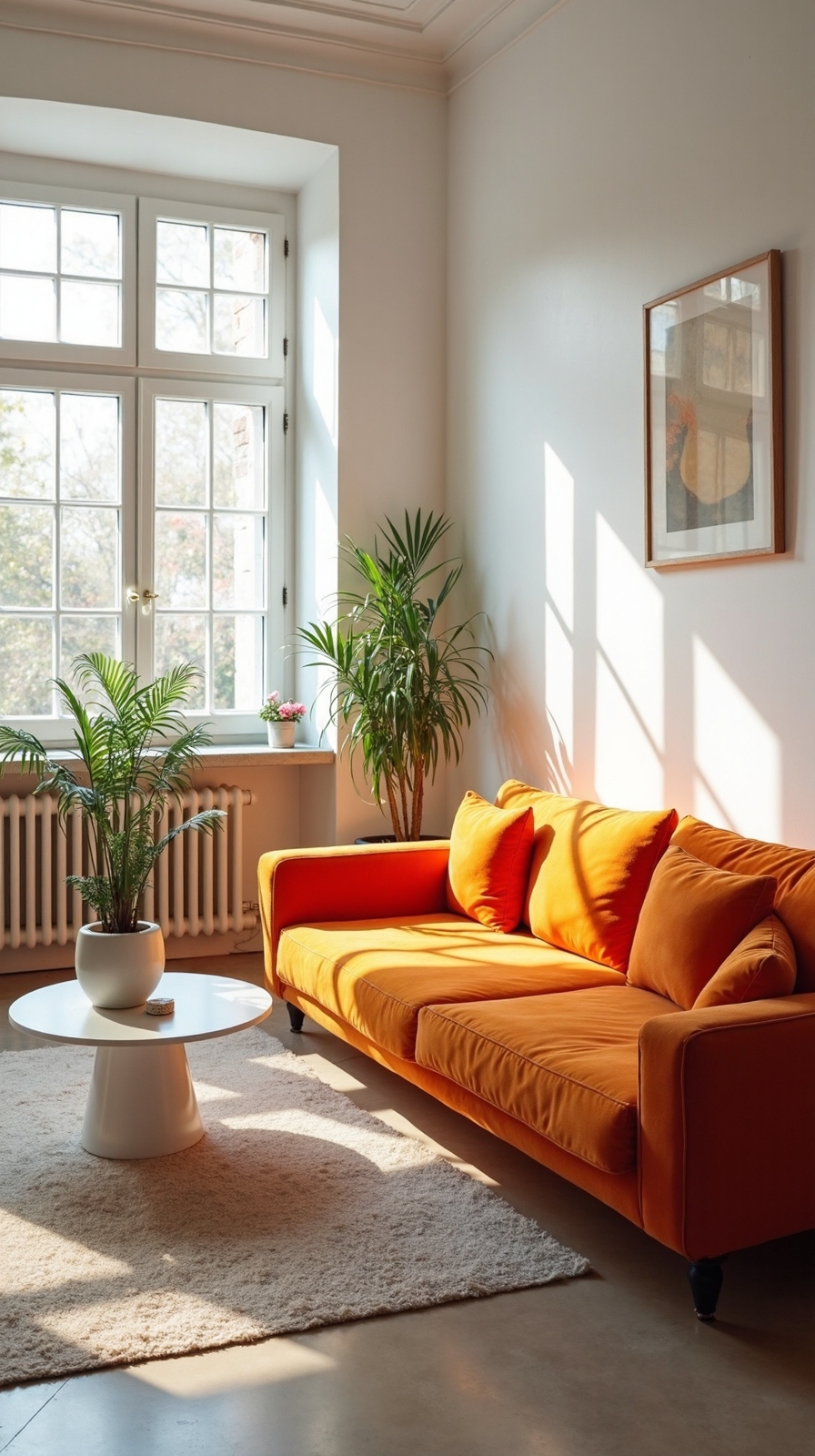 vibrant orange couch crisp white walls