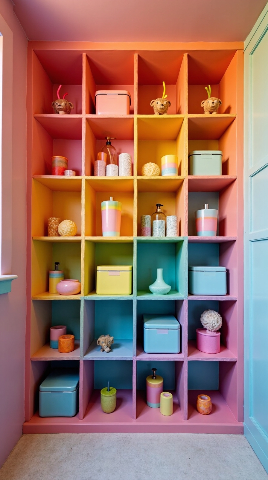 vibrant organized maximalist bathroom storage