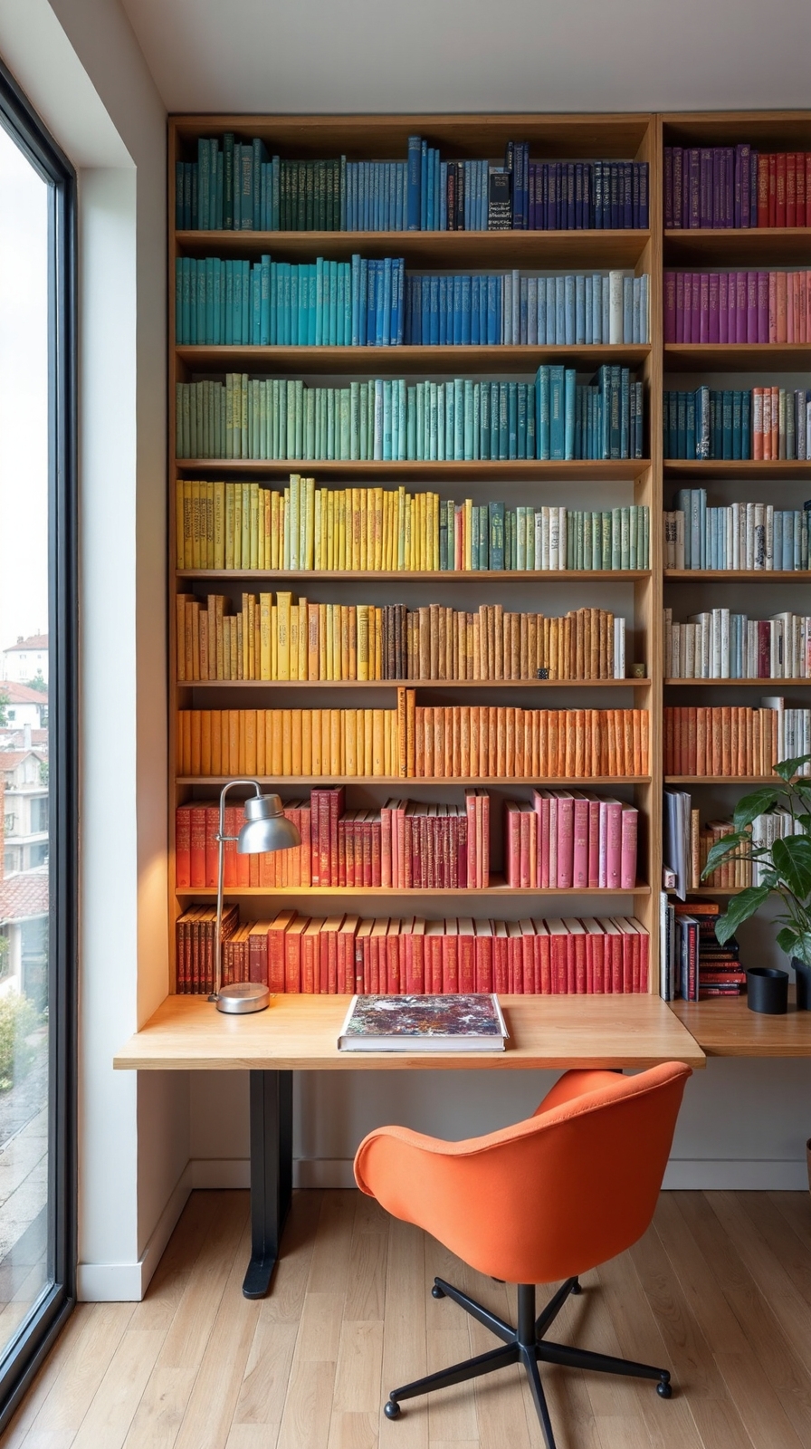 vibrant rainbow hued office bookshelf decor