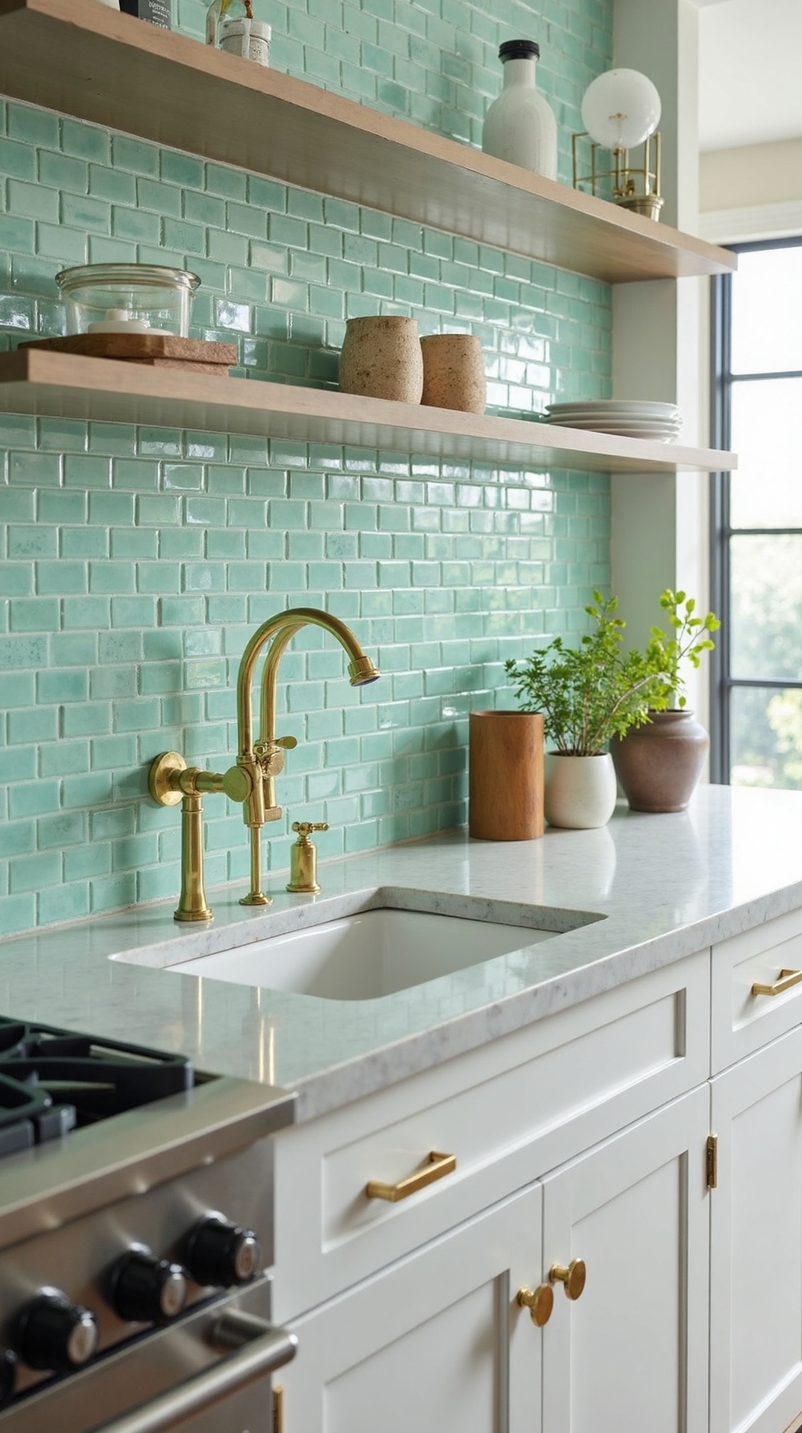 vintage inspired mint green mosaic backsplash