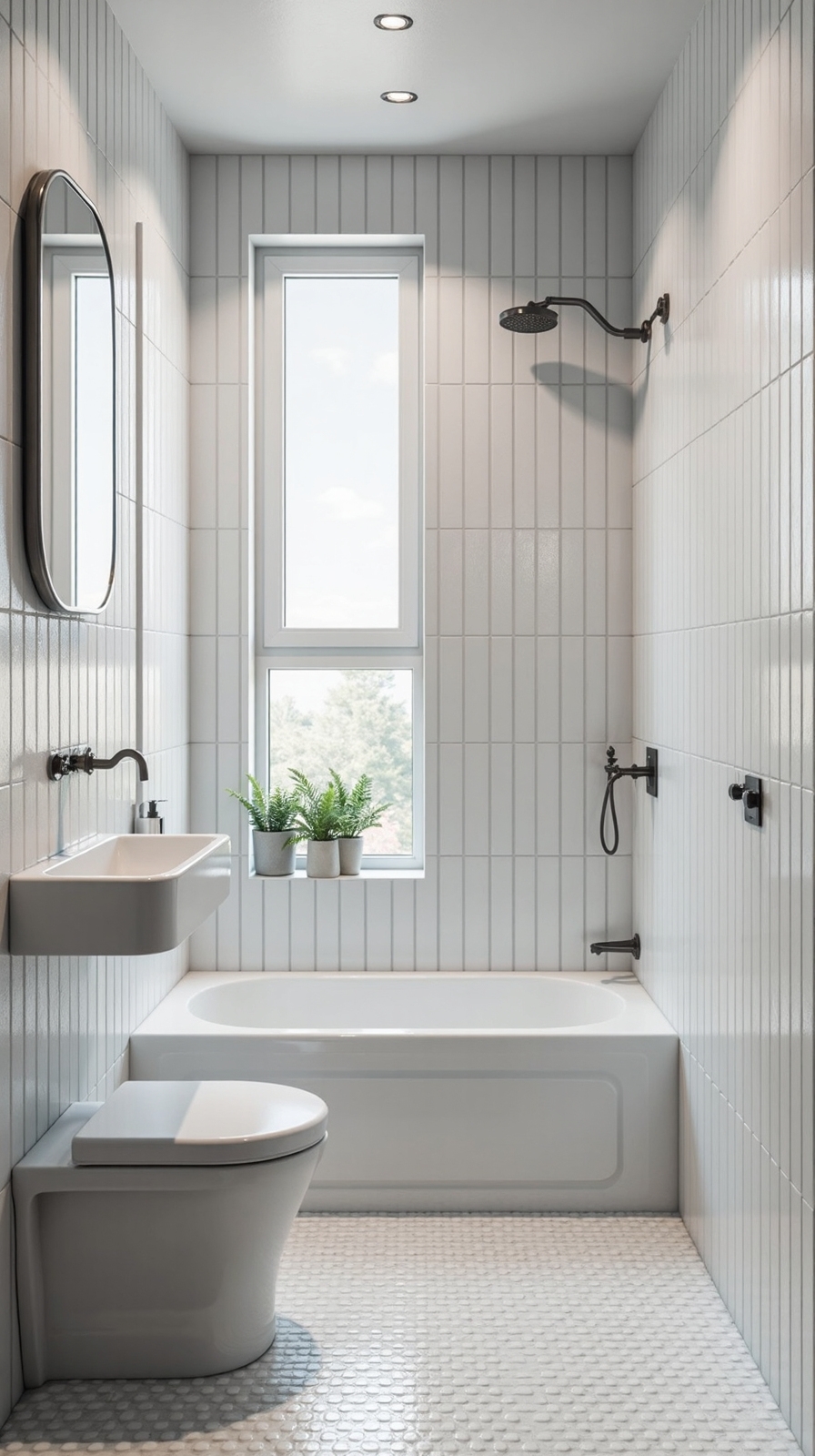 visually expand bathroom height with tiles