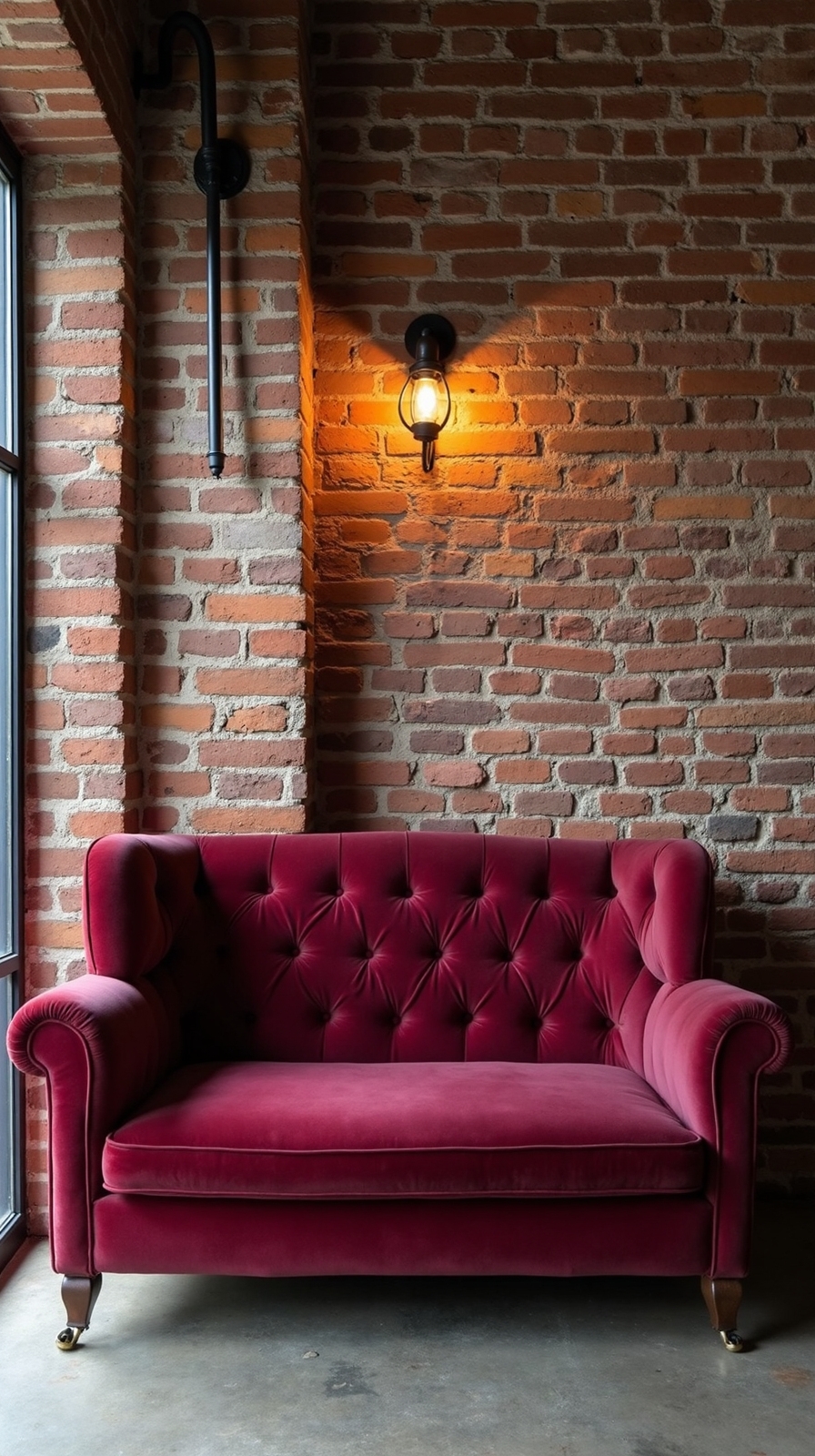 warm industrial burgundy couch design