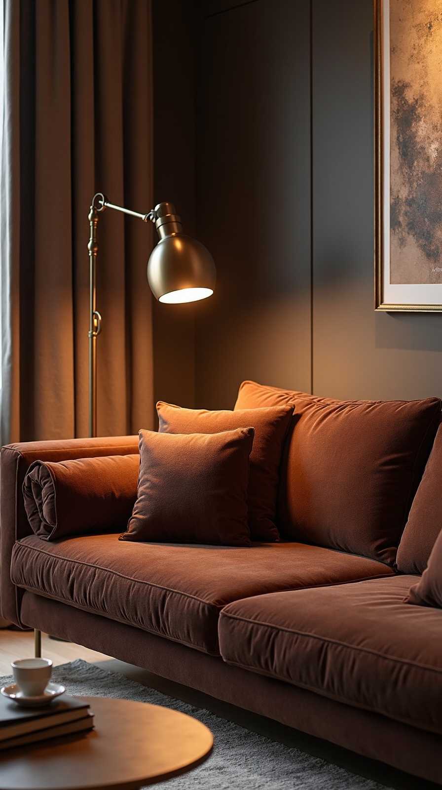 warm inviting chocolate couch lighting