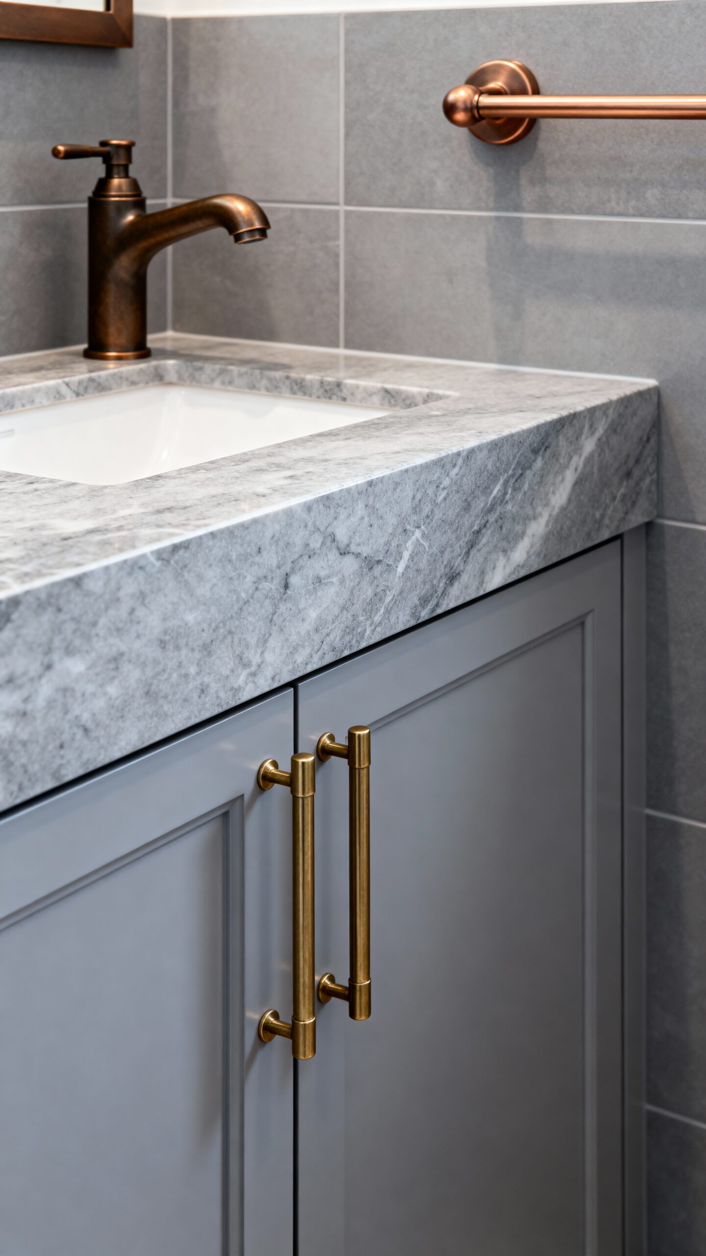 warm metallic bathroom hardware upgrades