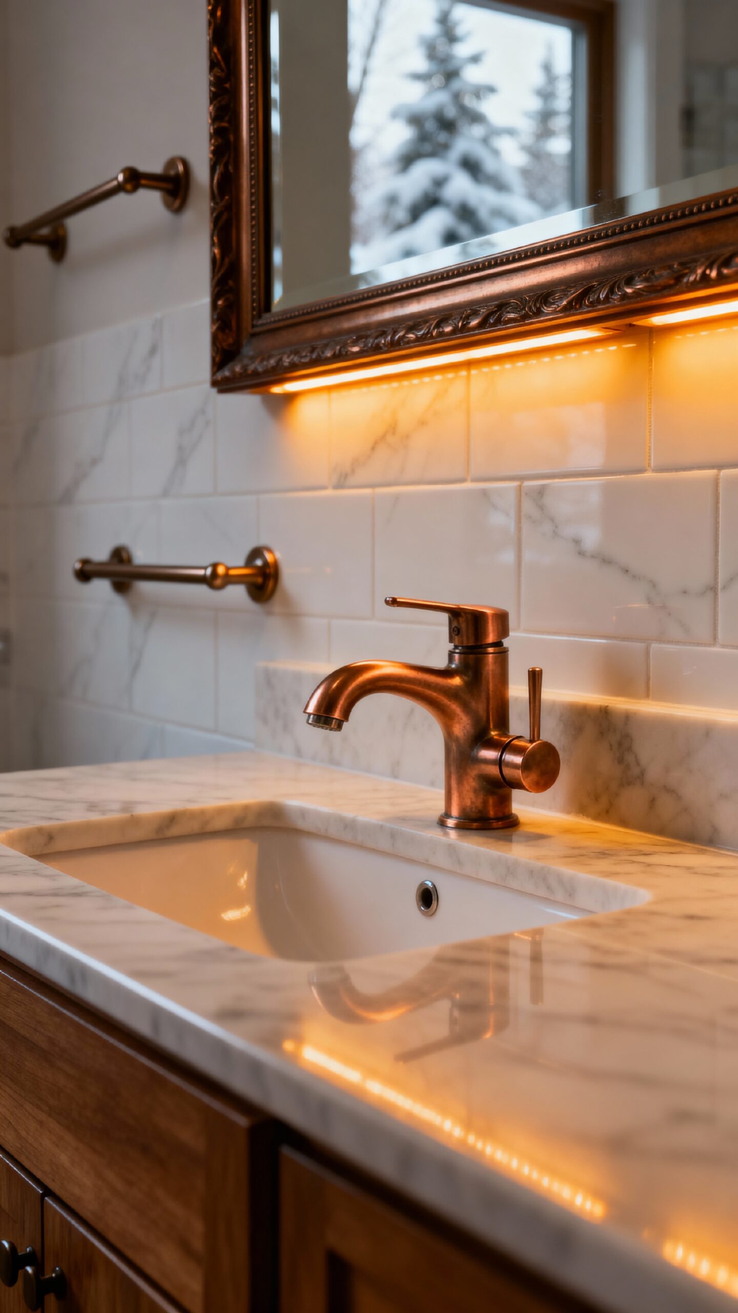 warm metallic inviting bathroom accents