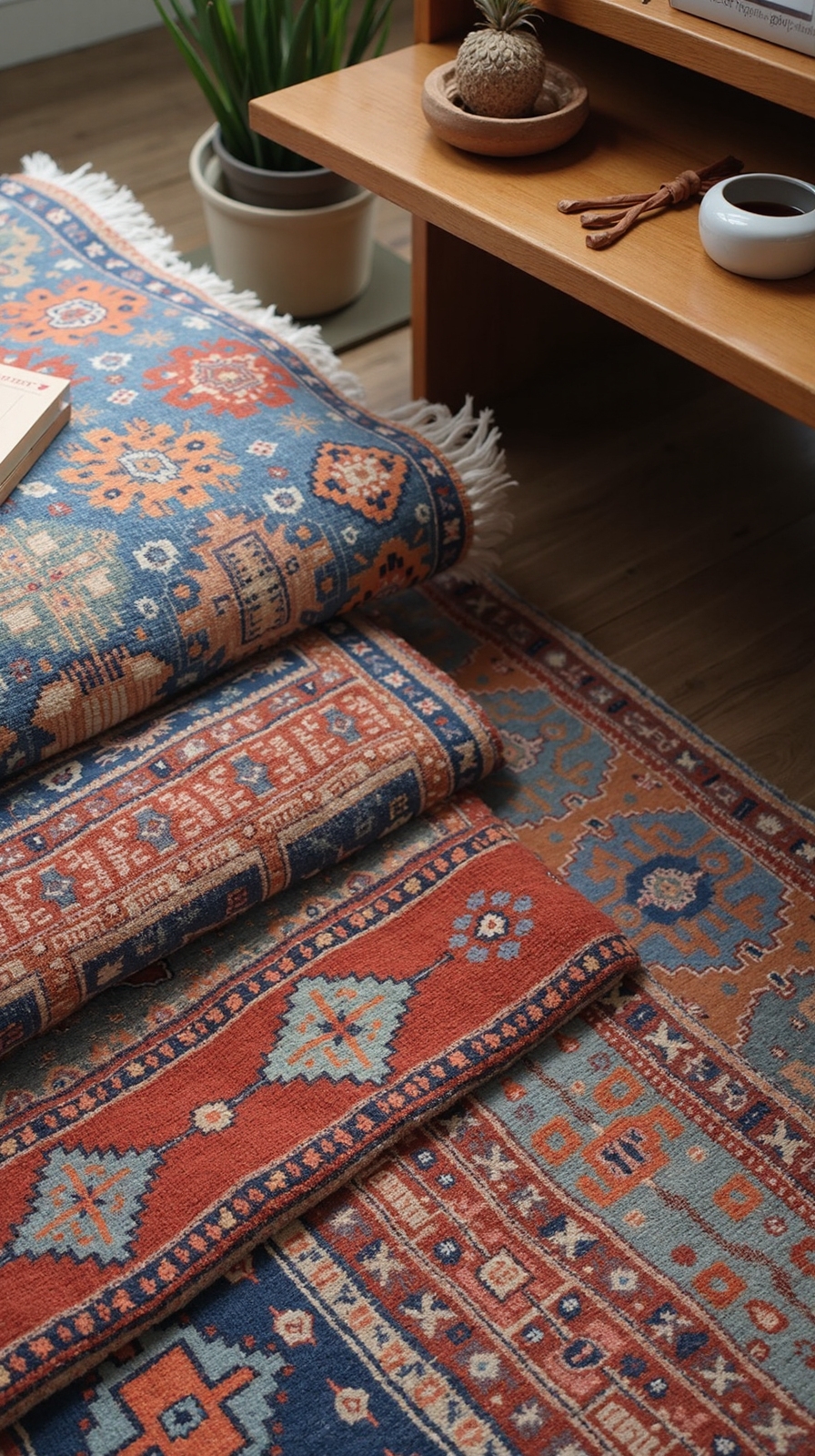 warm textured layered bohemian office rugs