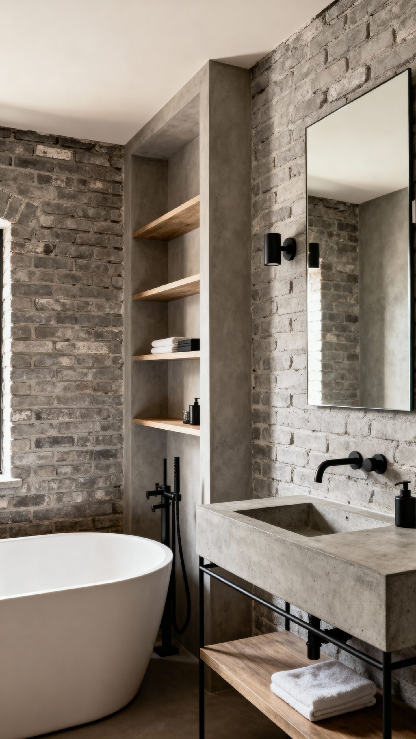 weathered industrial brick bathroom ambiance