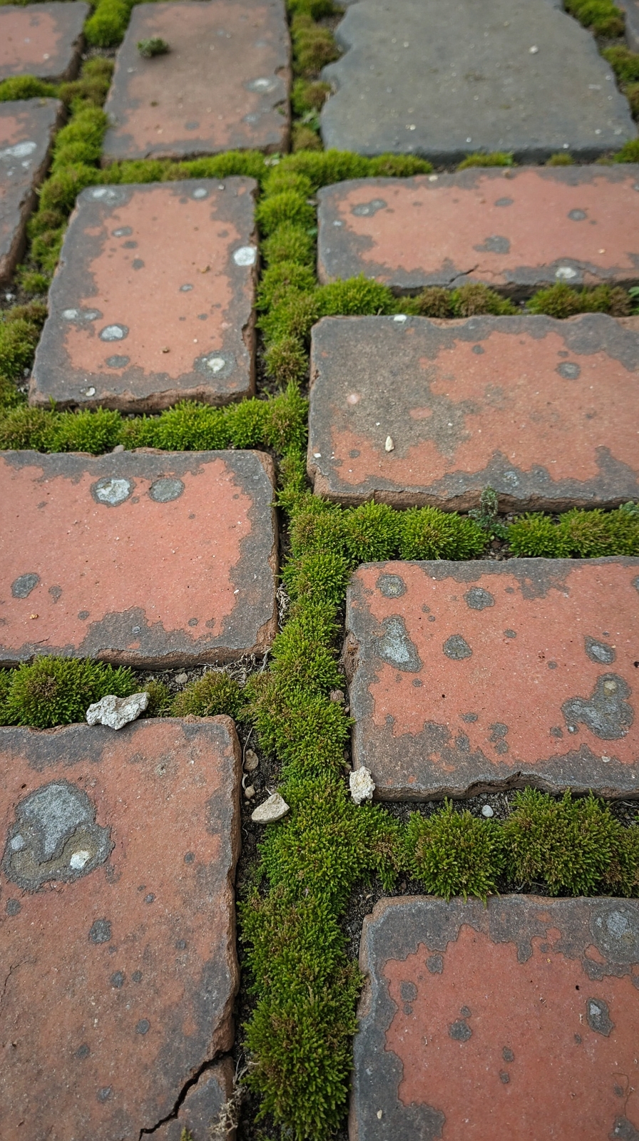weathered moss filled reclaimed brick patio
