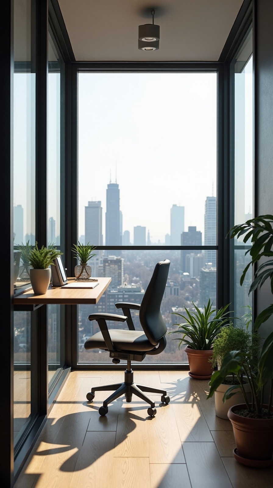 weatherproofed balcony workspace with flexible furnishings
