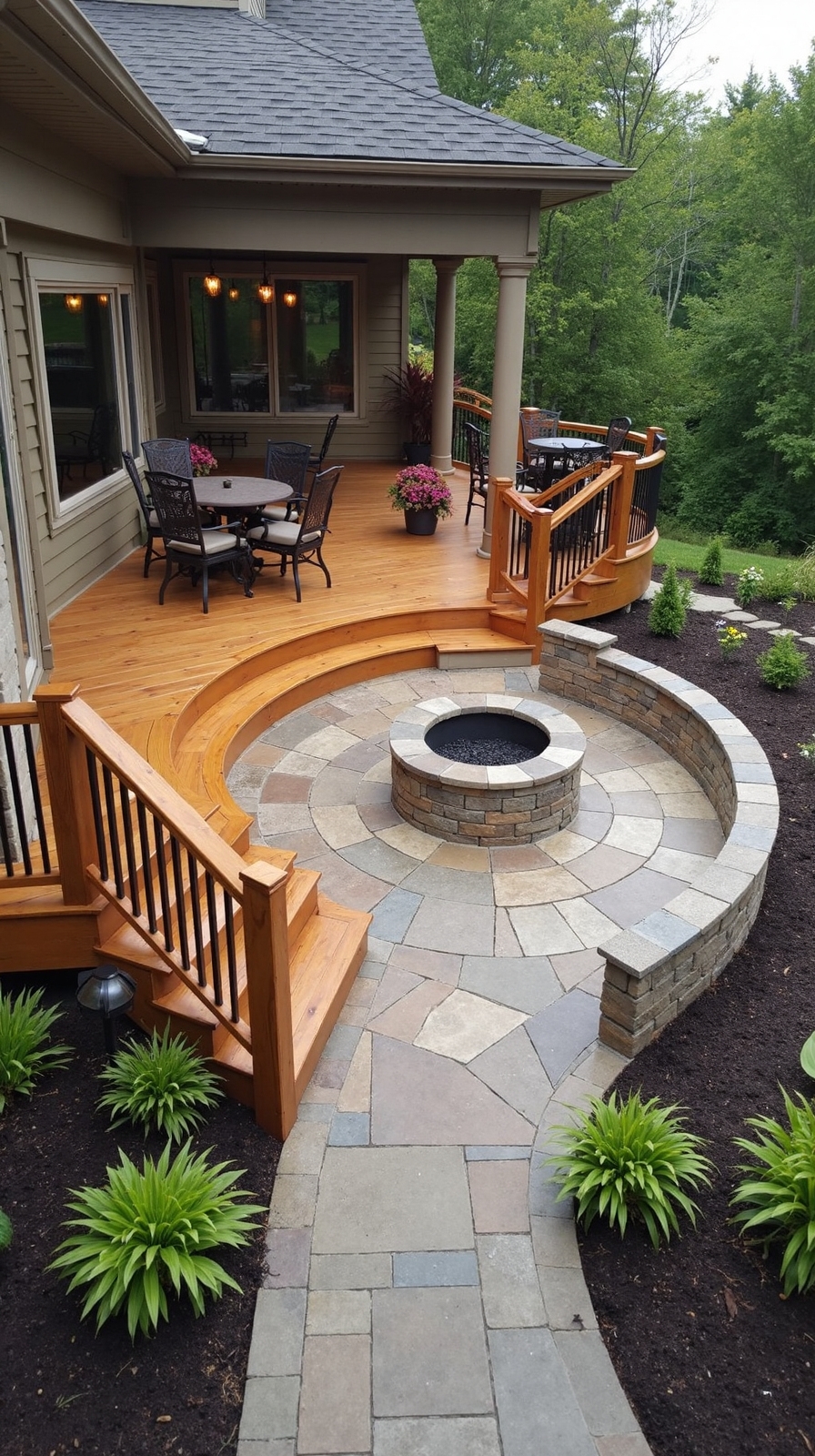 wraparound deck with sunken fire pit