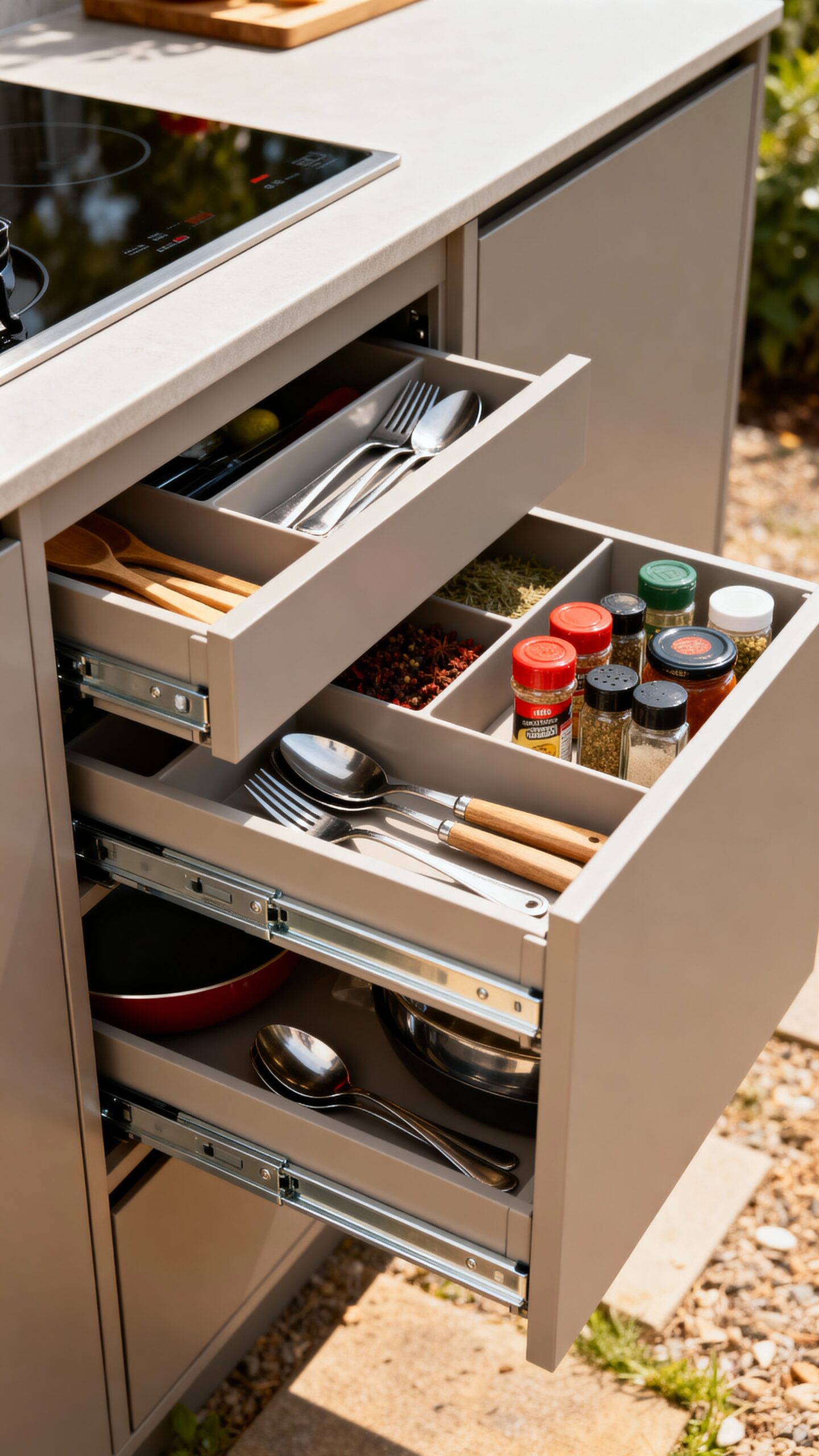 accessible organized outdoor kitchen storage