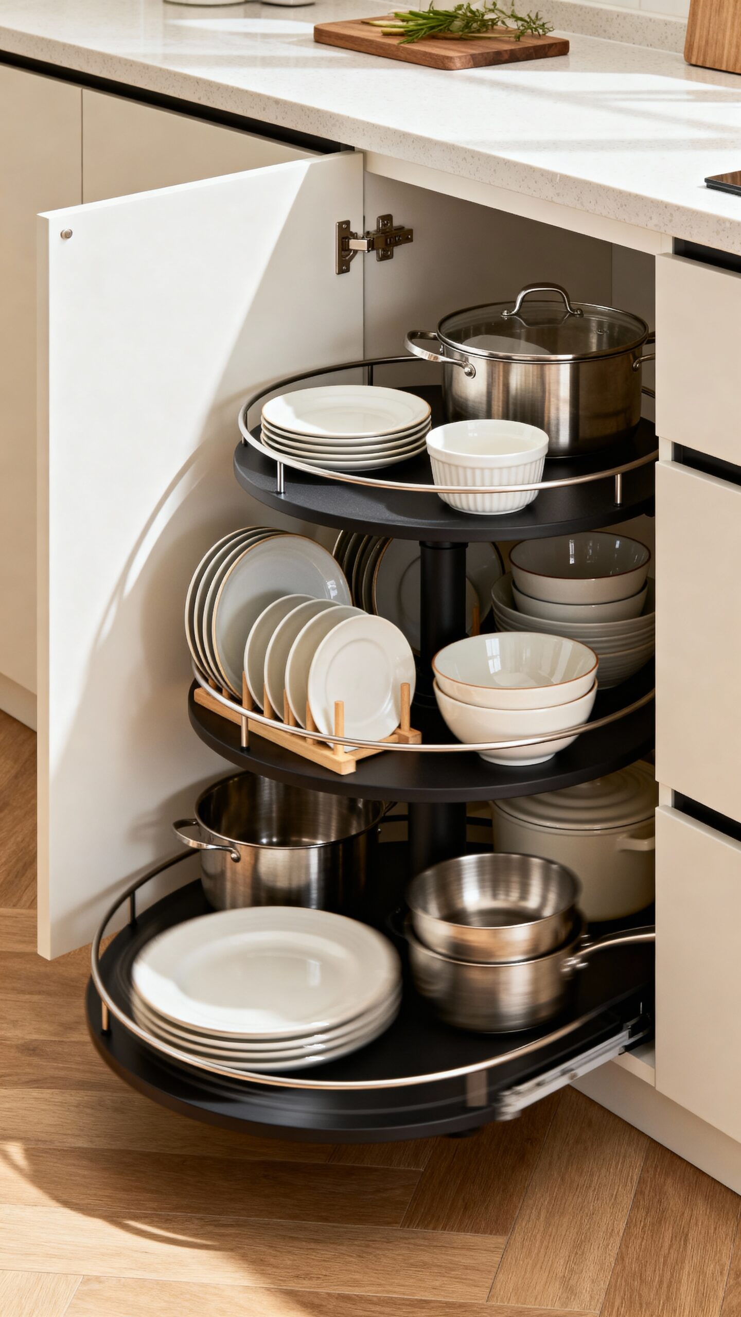 accessible space saving rotating kitchen storage