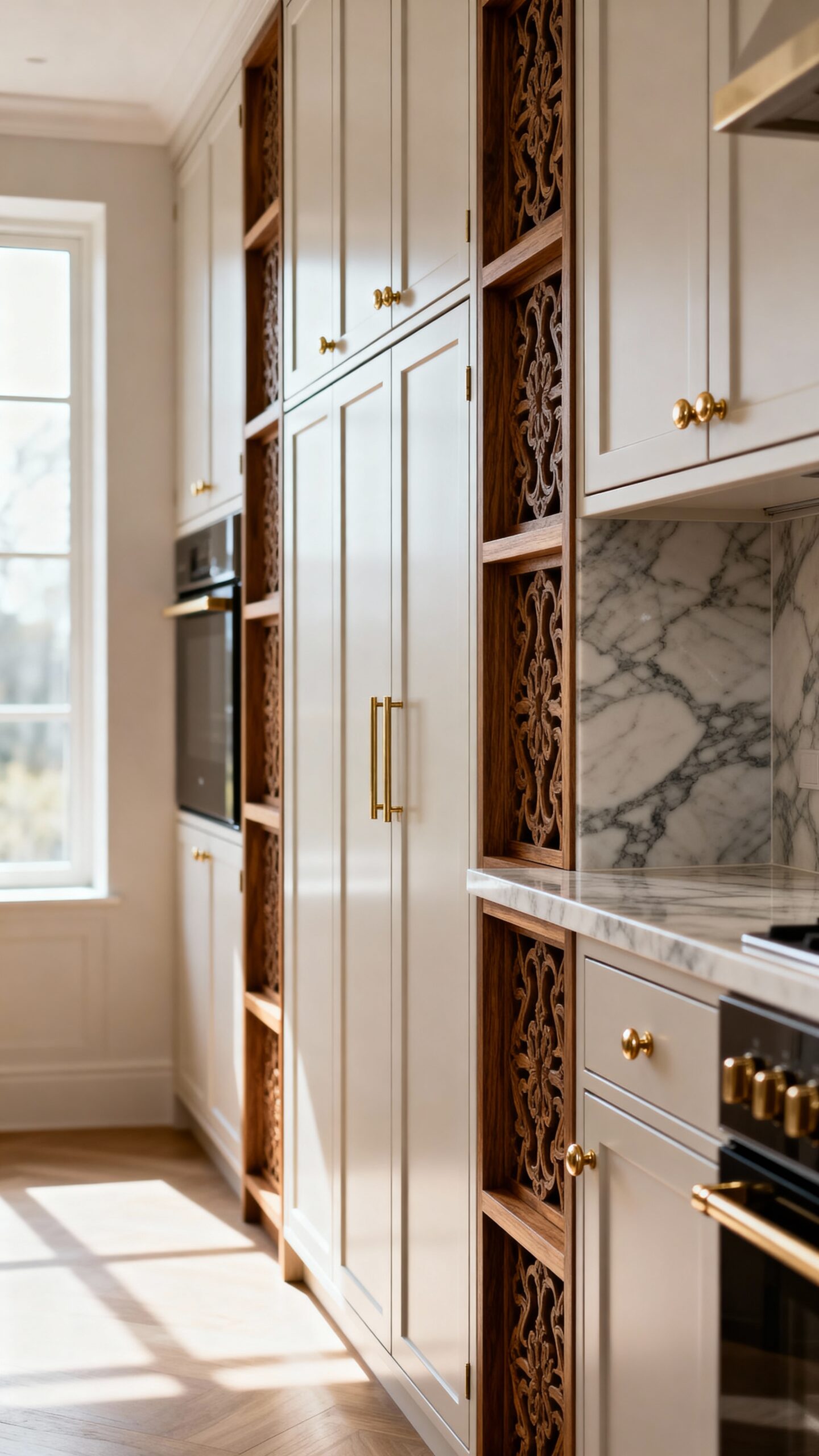 asymmetrical stacked cabinets with decorative dividers