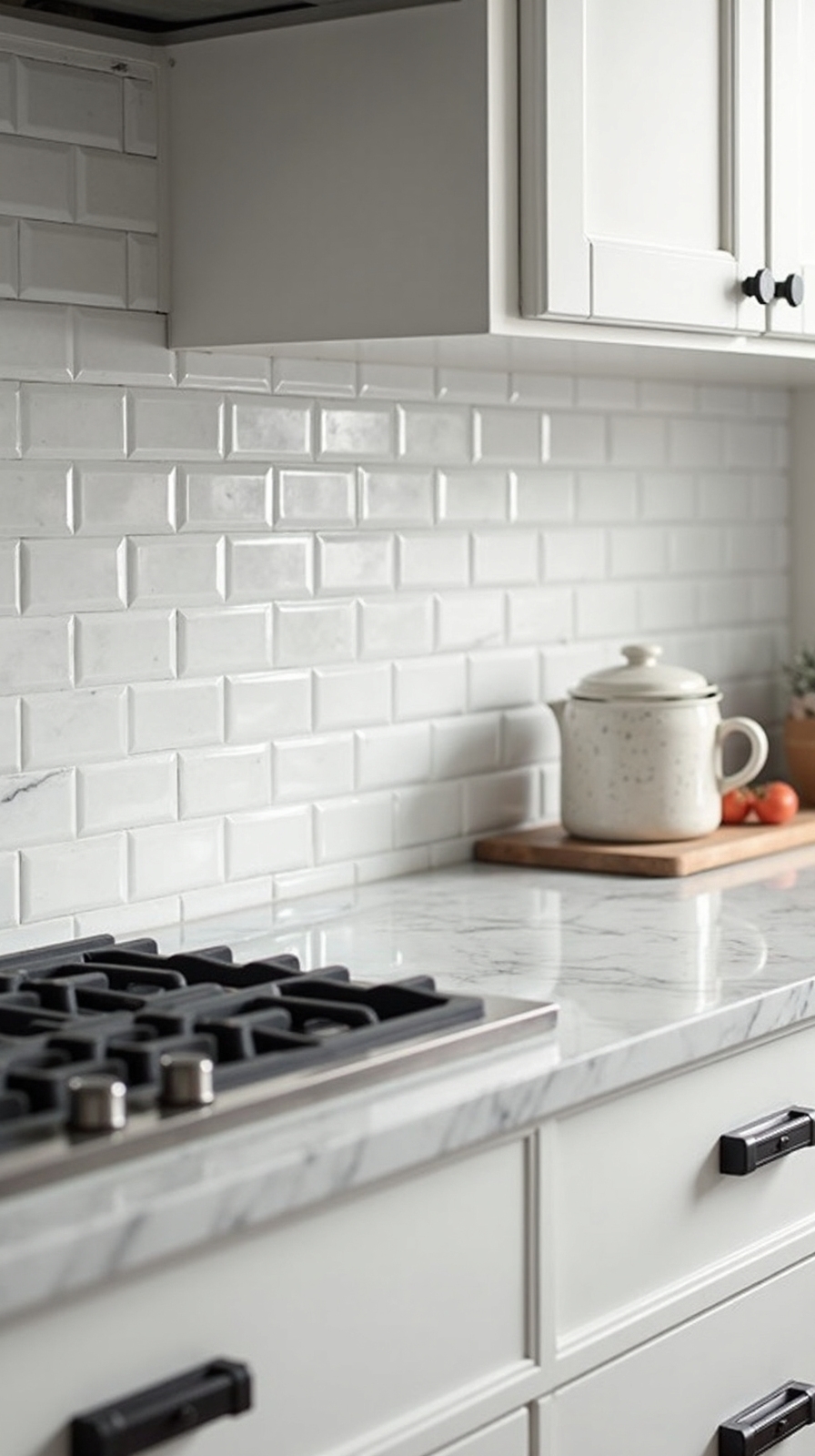 beveled subway tile backsplash with shadows