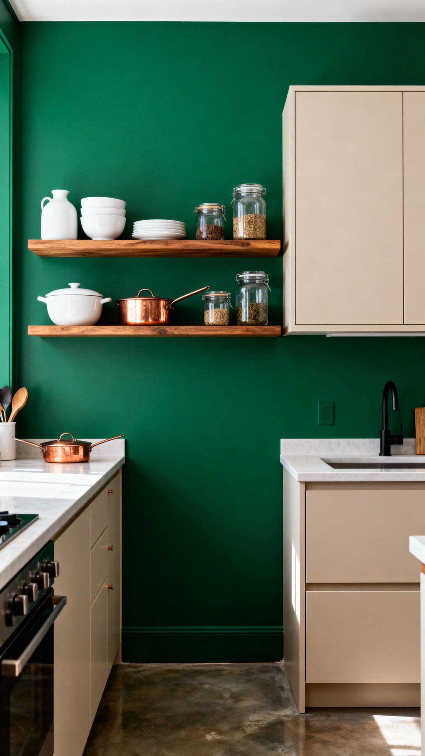 bold accent wall highlights open shelves