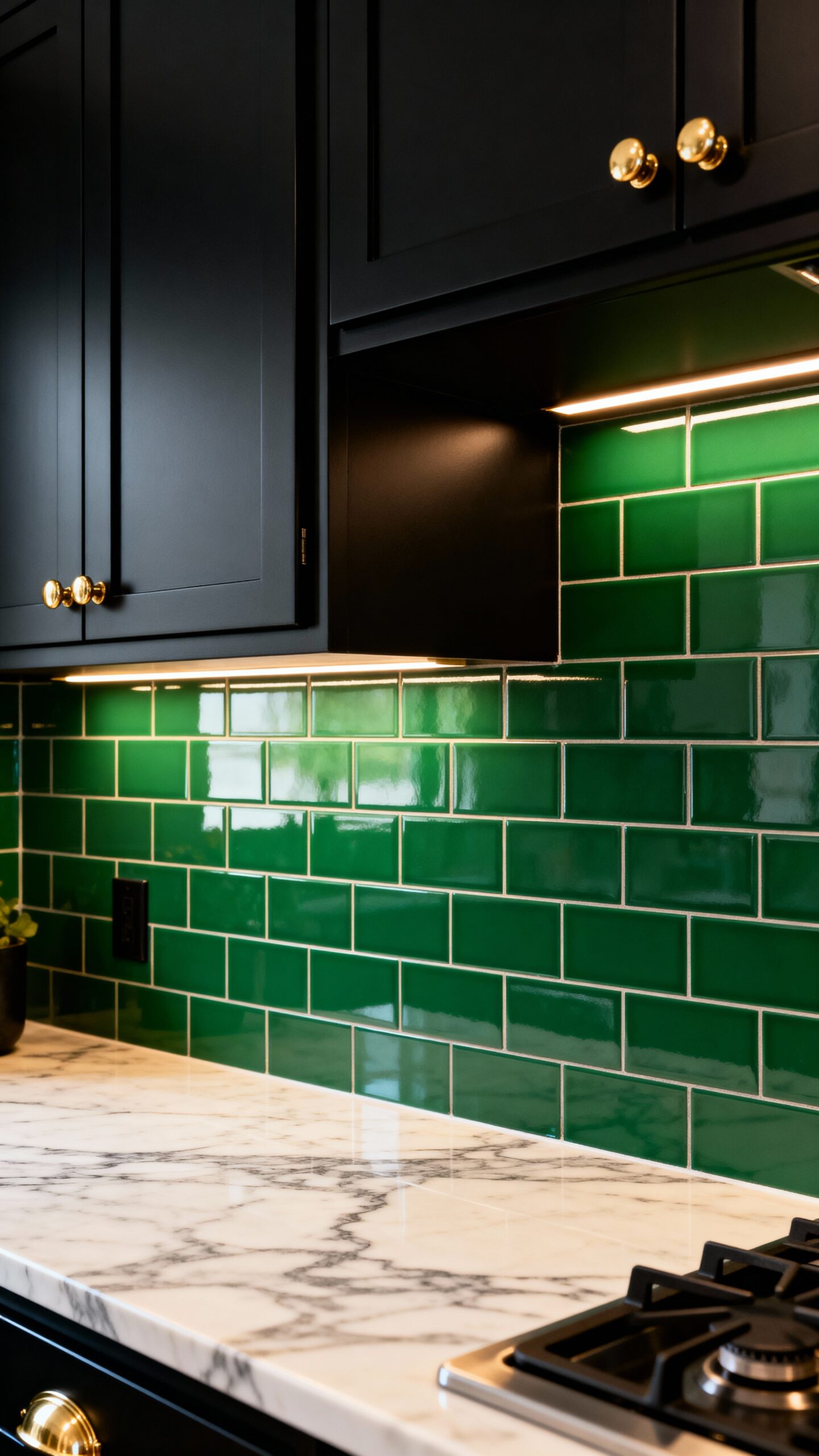 bold backsplash black cabinet contrast