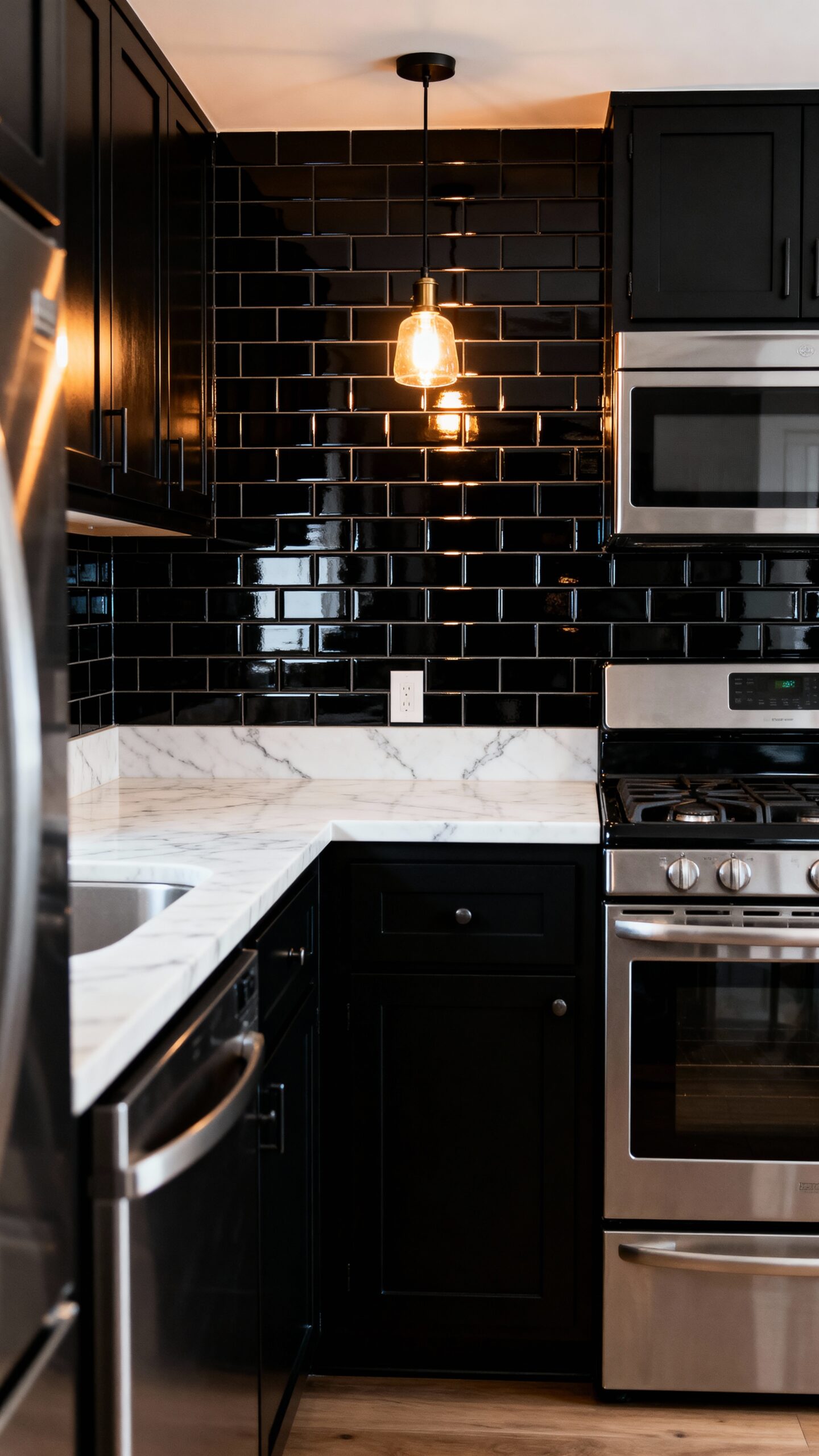 brilliant light reflecting glossy black backsplash