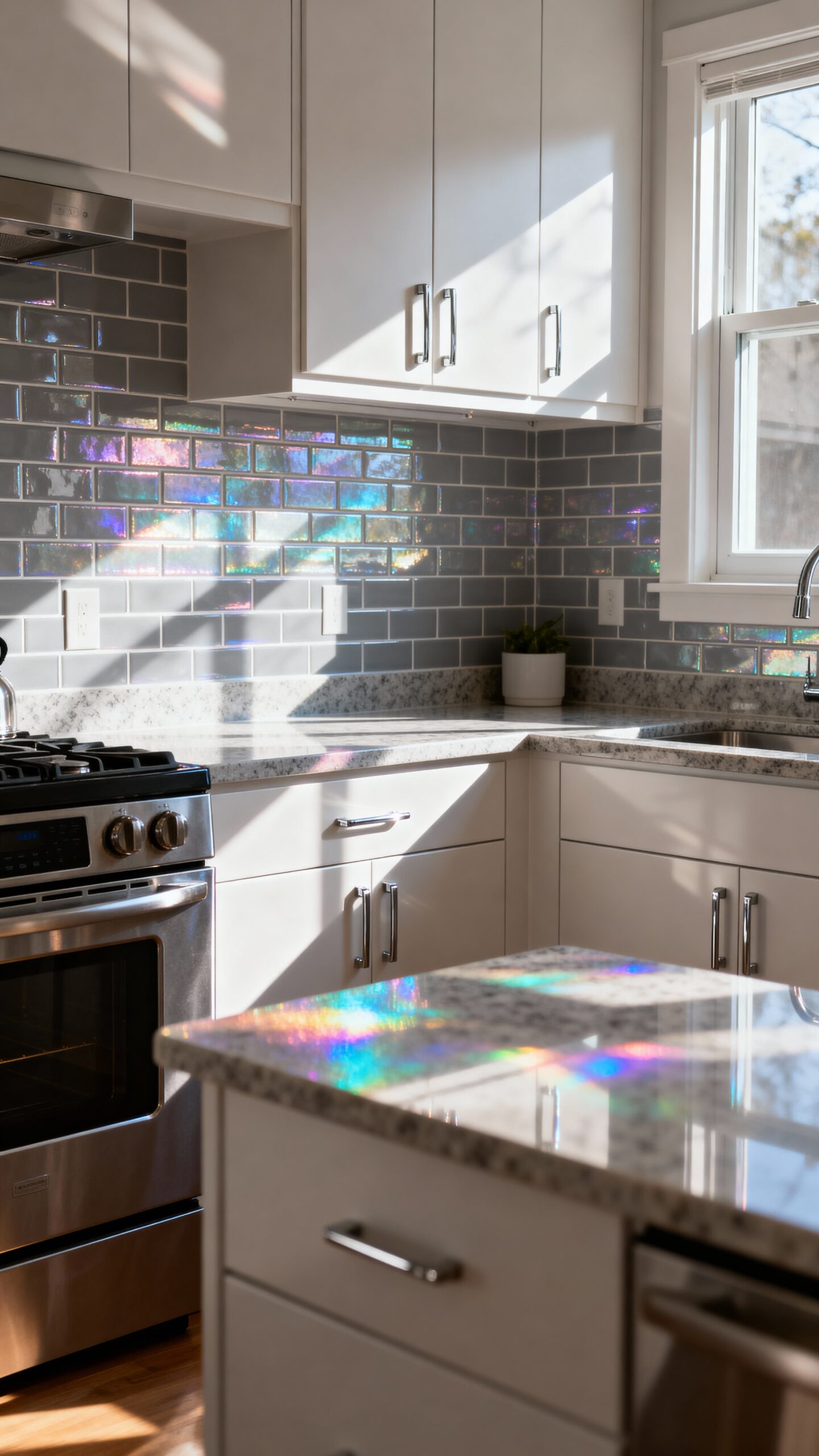 brilliant natural light reflecting kitchen backsplash