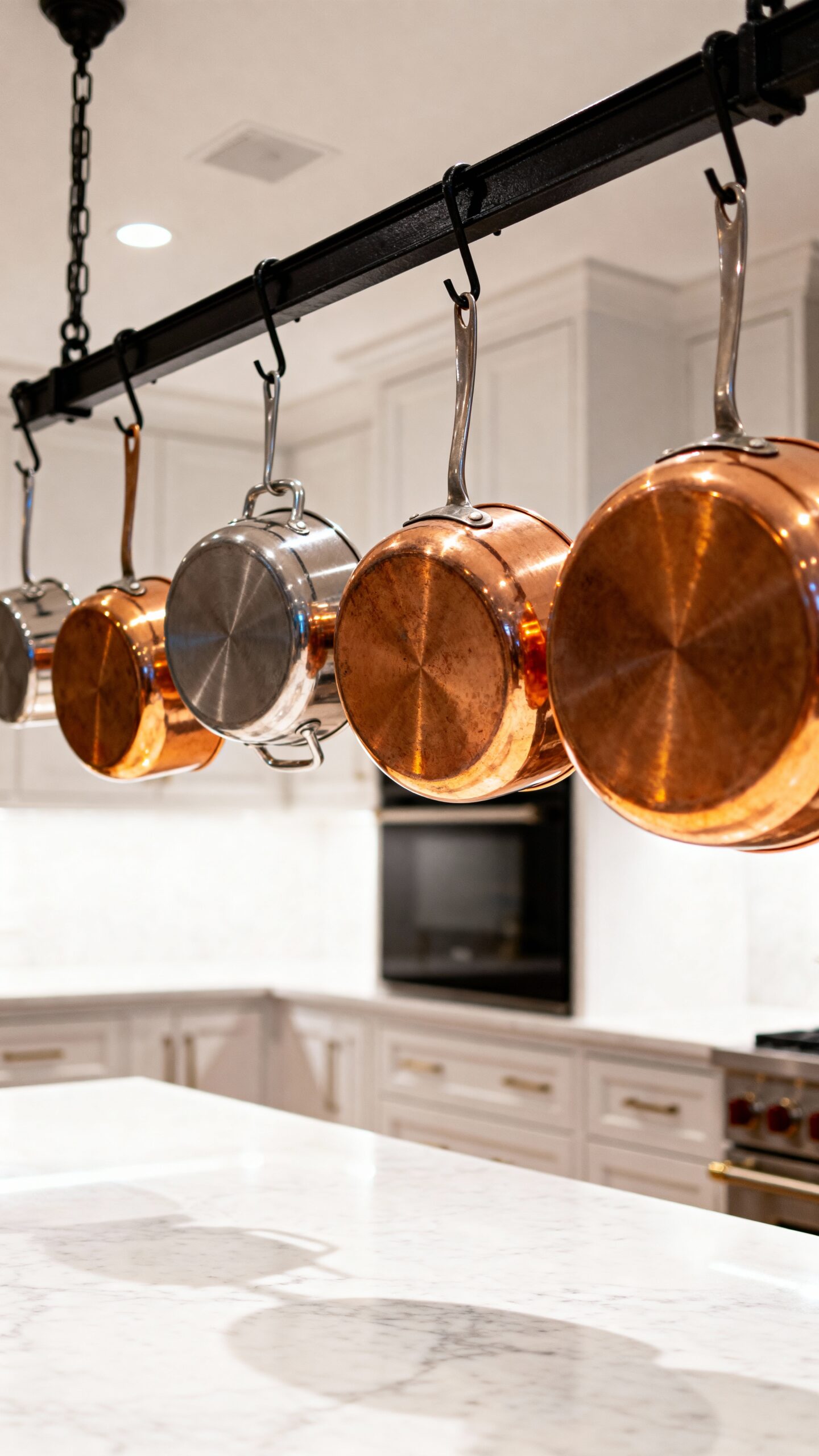 ceiling mounted pot racks optimize kitchen storage