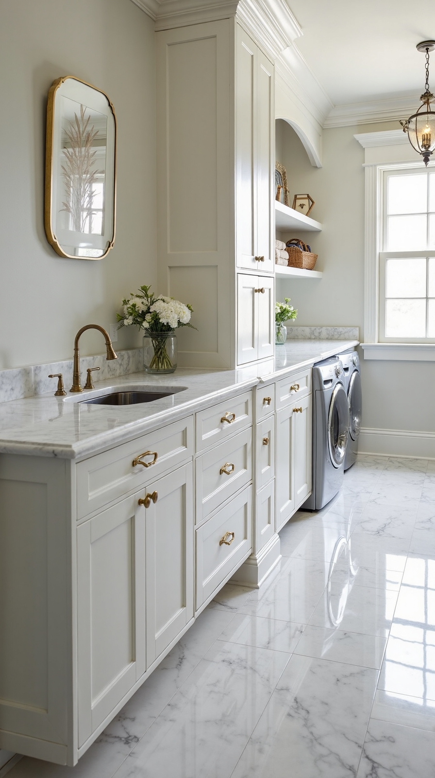 centralized laundry room workspace with storage