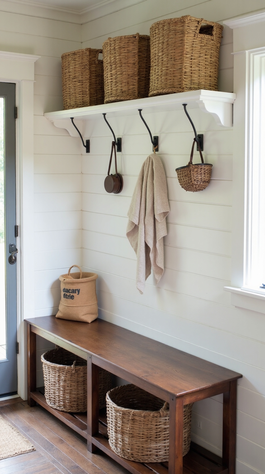 charming farmhouse mudroom with shiplap walls