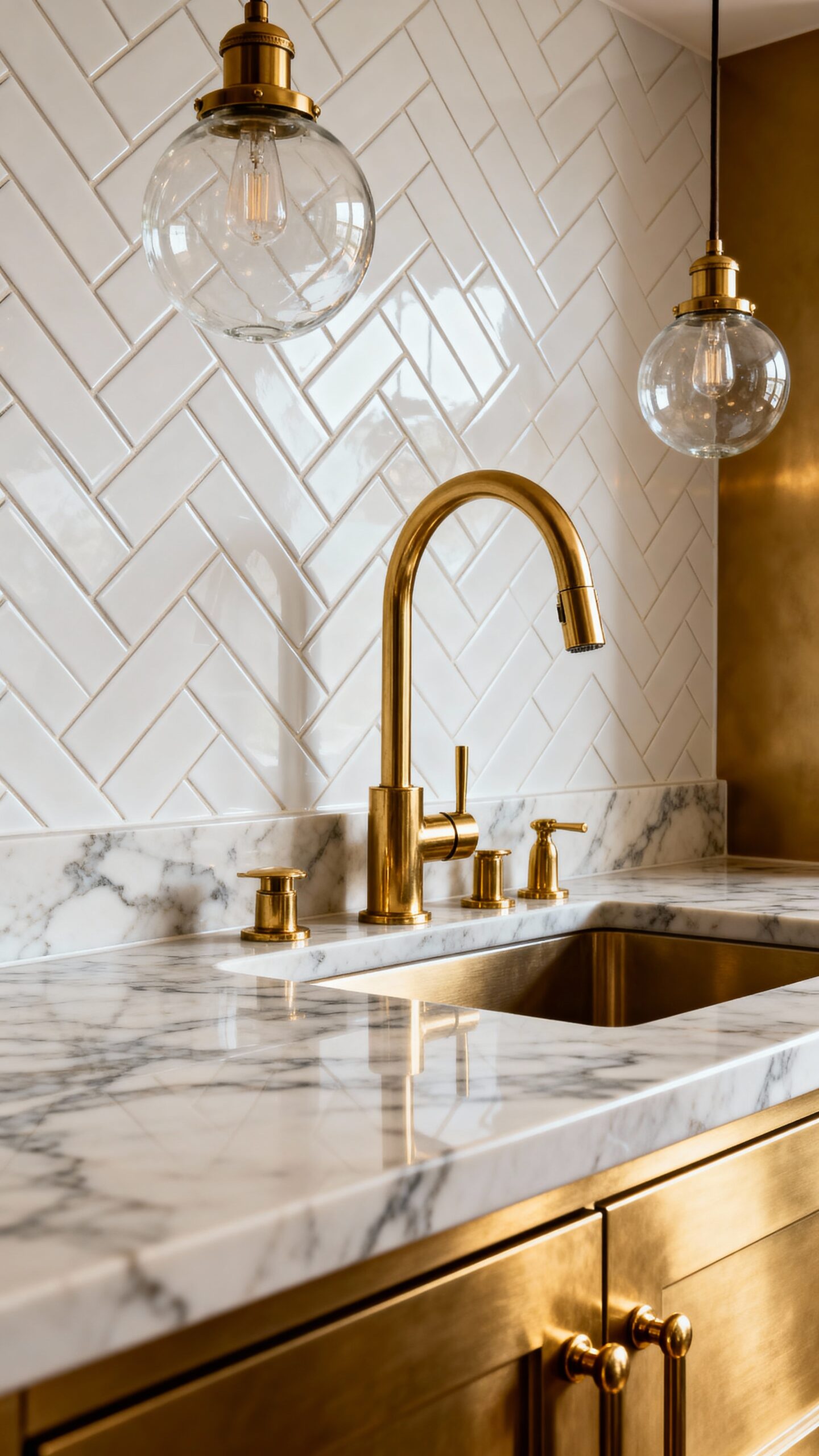 classic yet modern herringbone backsplash design