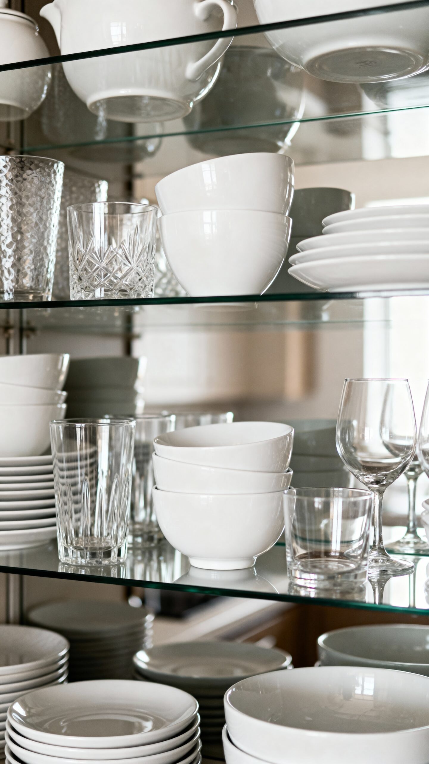 cohesive color coordinated glass cabinet displays