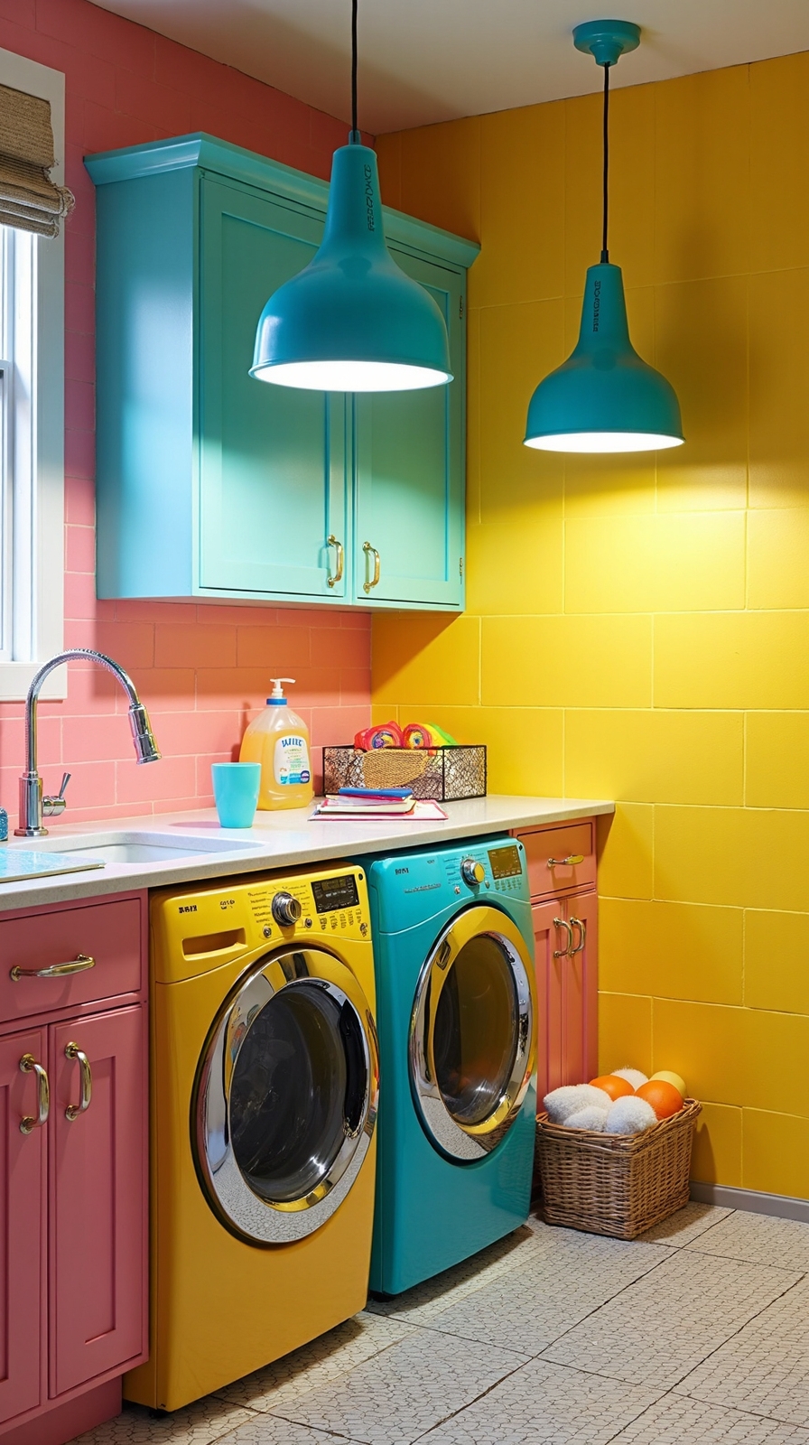 colorful lighting transforms utilitarian laundry space