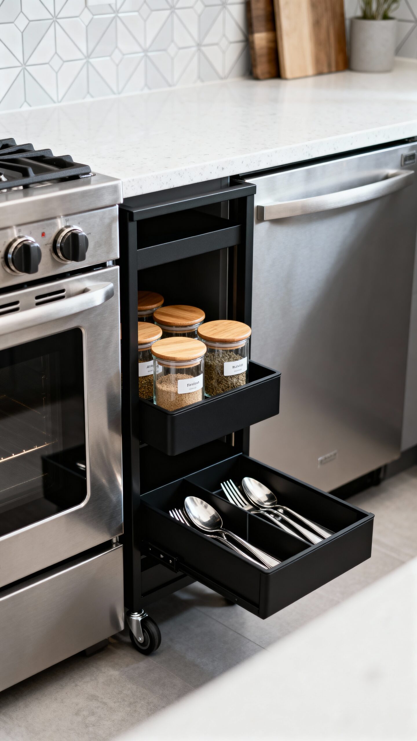 compact rolling storage reclaims appliance gaps
