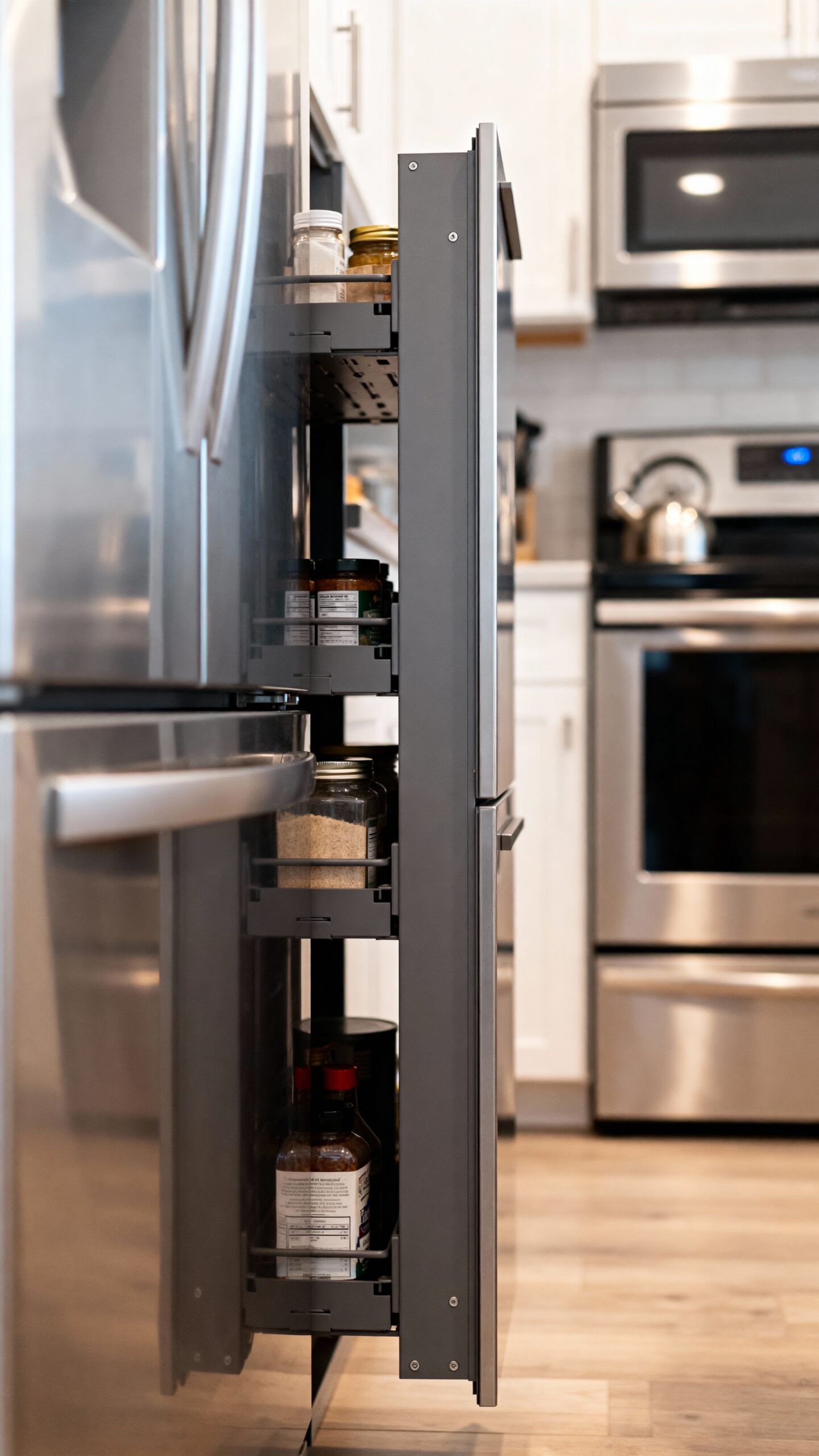 compact vertical pullout storage between appliances