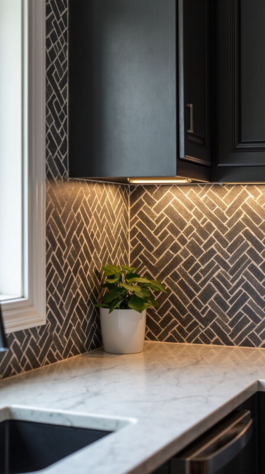 contrasting colors elevate herringbone backsplash design