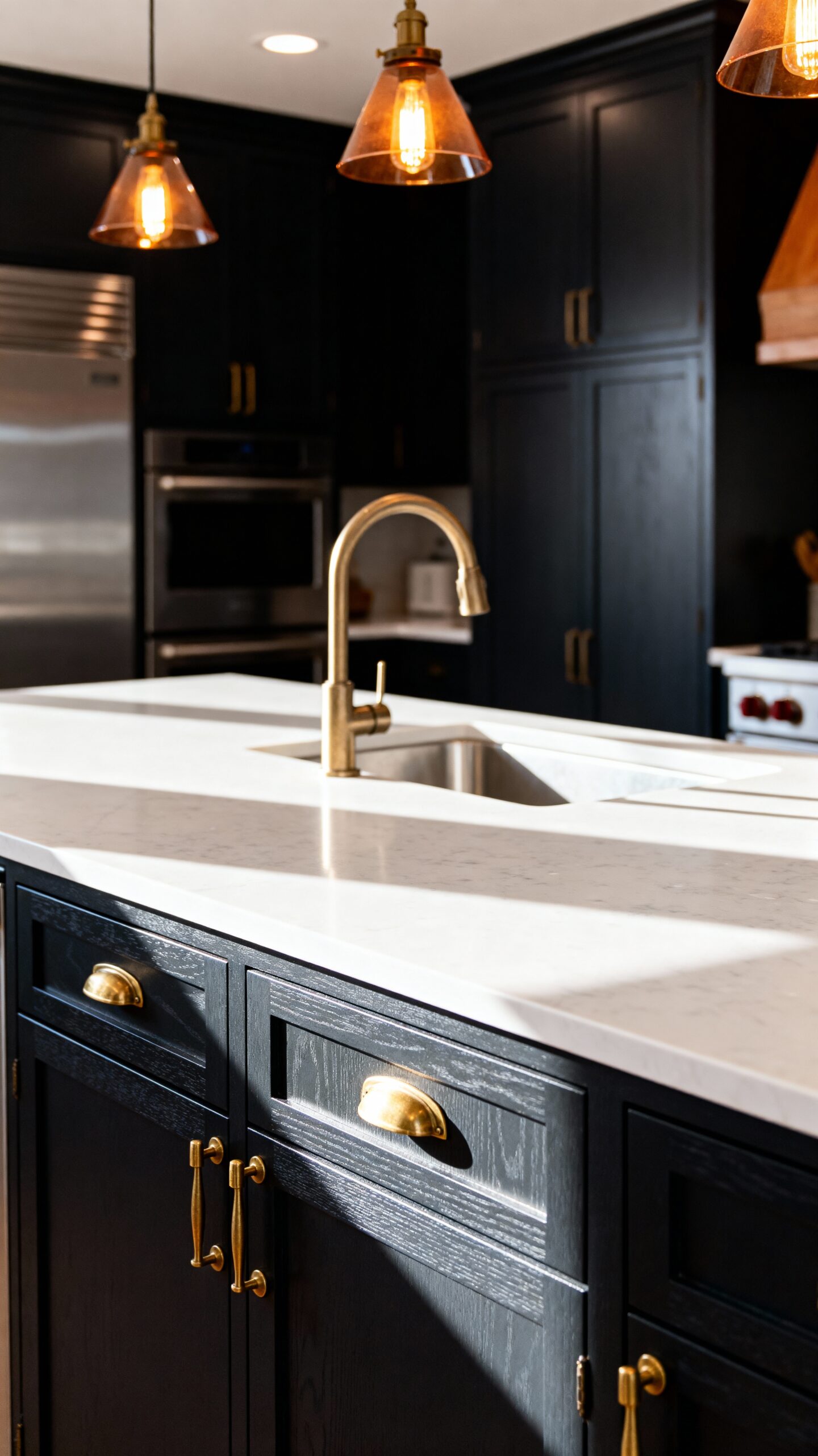 contrasting light countertops create visually appealing kitchens